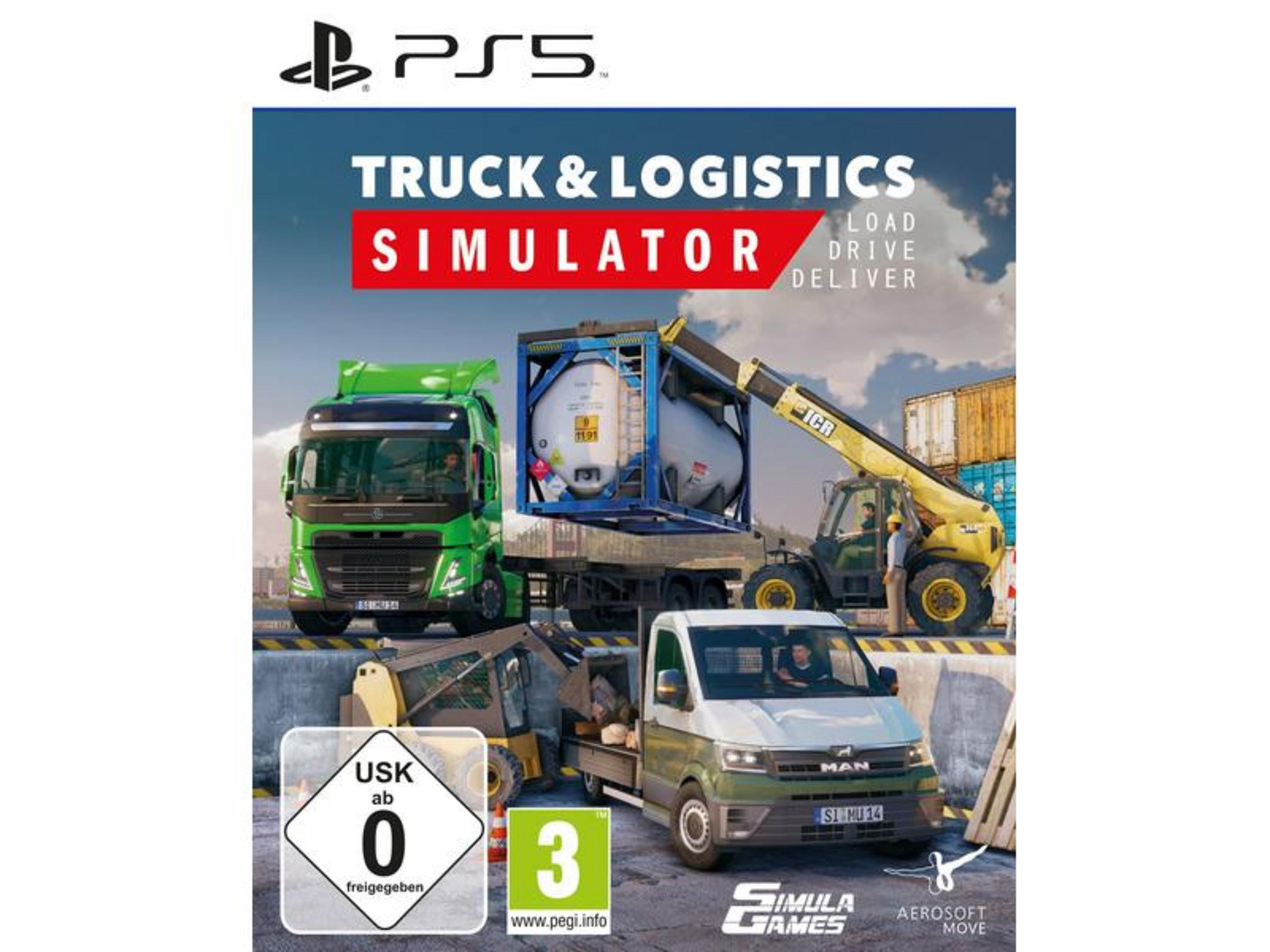 PS5-Spielcover: LKW & Logistik Simulator mit LKW, Gabelstapler und Container.