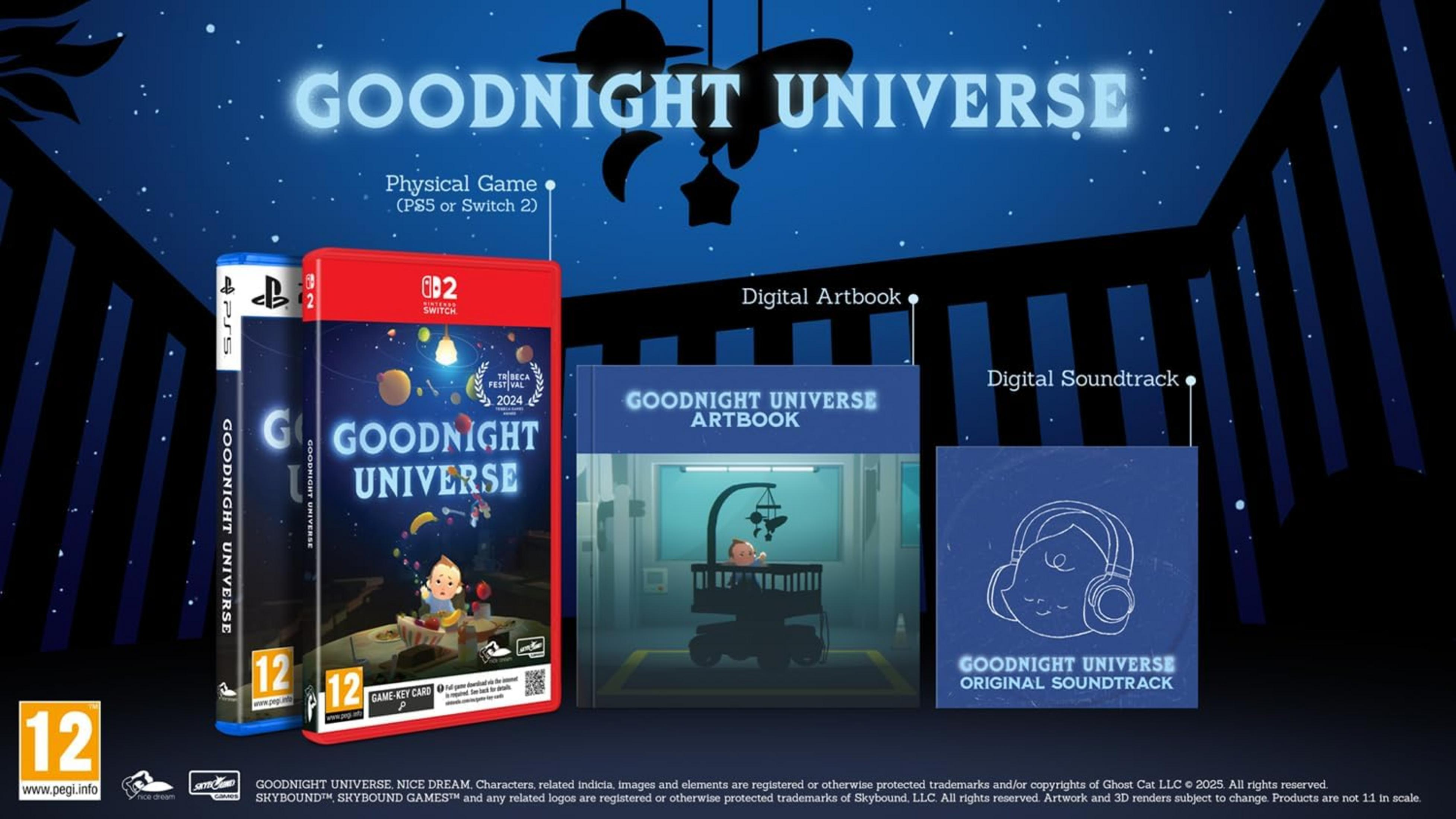 Gioco Goodnight Universe, artbook e colonna sonora. Mostrate custodie PS5 e Switch.