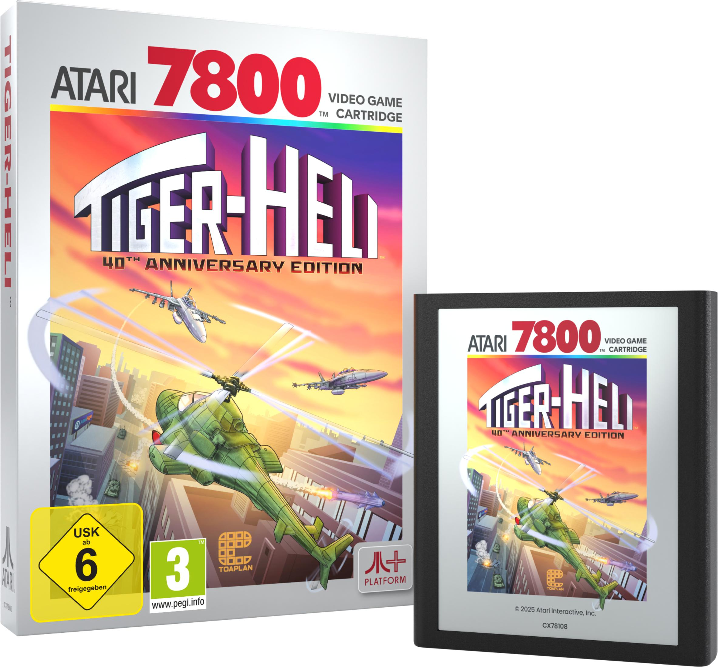 Scatola e cartuccia Atari 7800 Tiger-Heli con jet e elicottero sopra città.