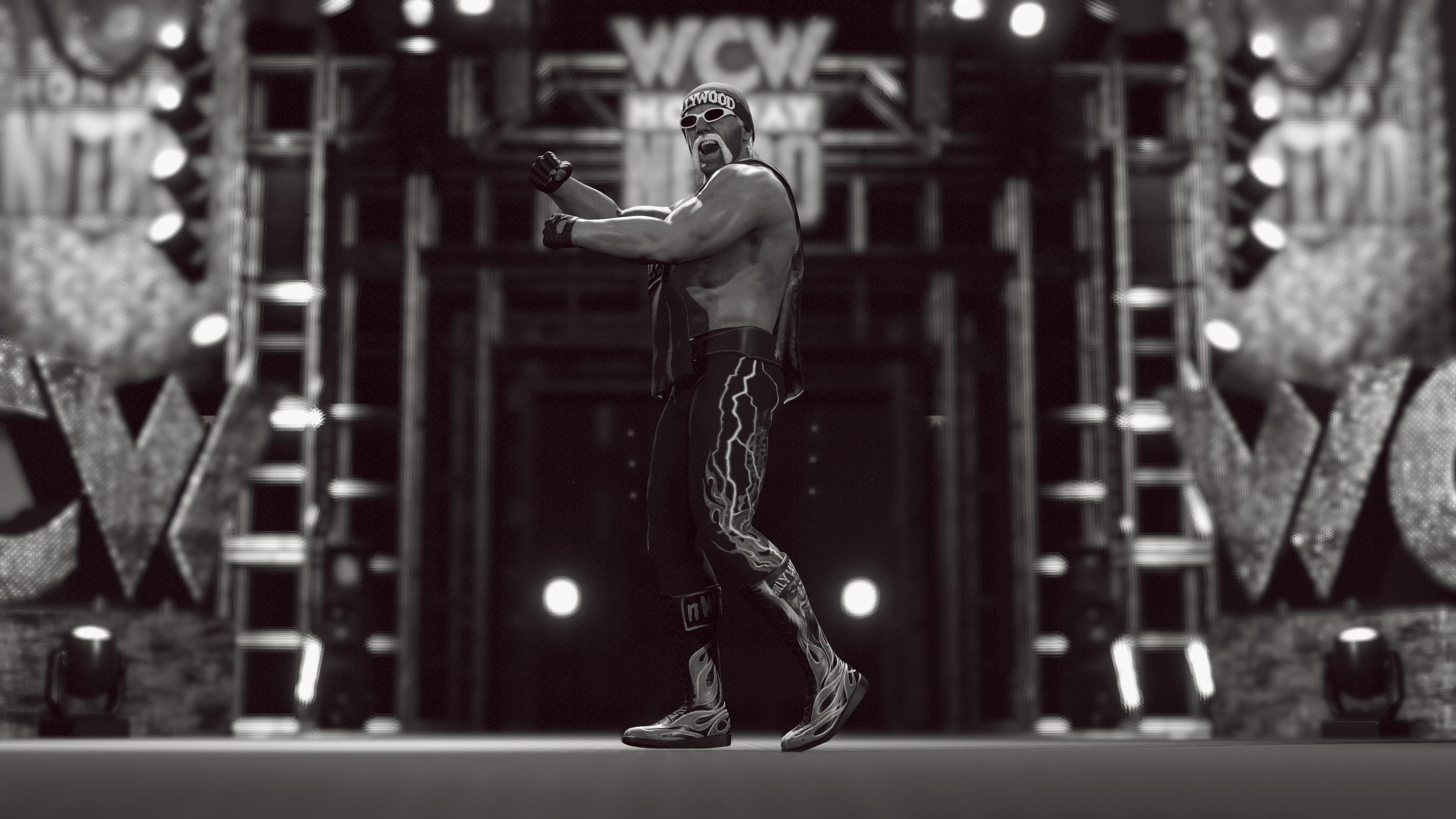 Ein Wrestler mit "Hollywood"-Kopfband und Sonnenbrille steht auf einer Bühne.