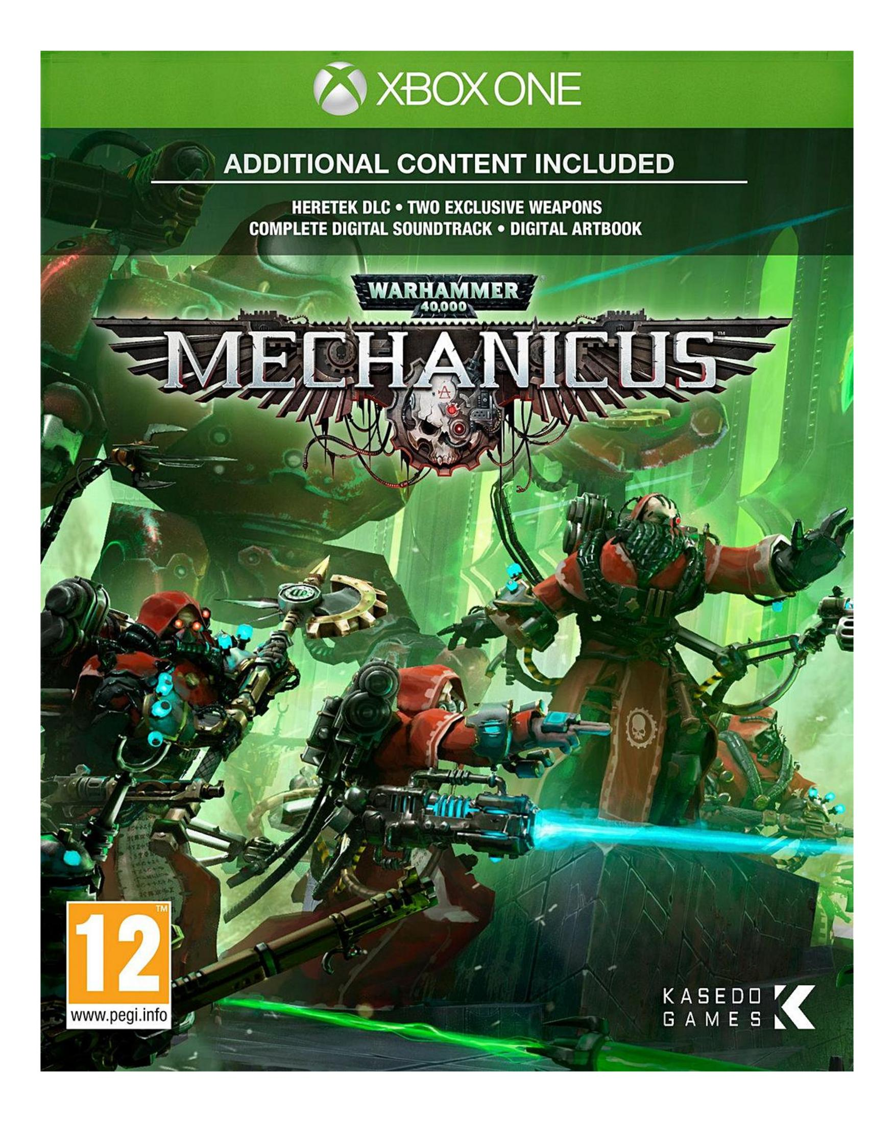 Okładka Warhammer 40,000: Mechanicus na Xbox One z żołnierzami i robotami.