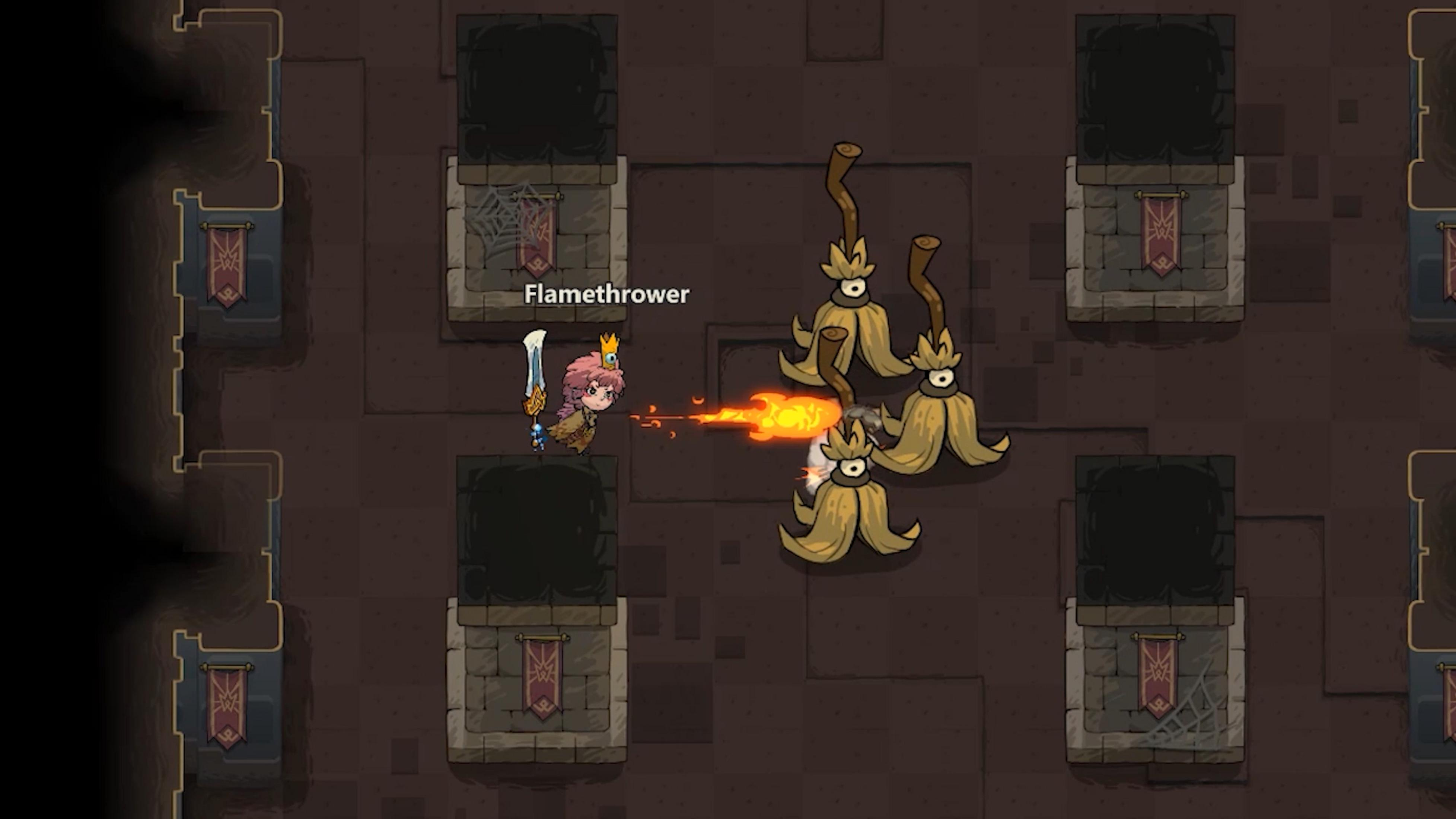 Ein Mädchen mit Krone schießt Flammen auf Besenmonster in einem dunklen Raum.