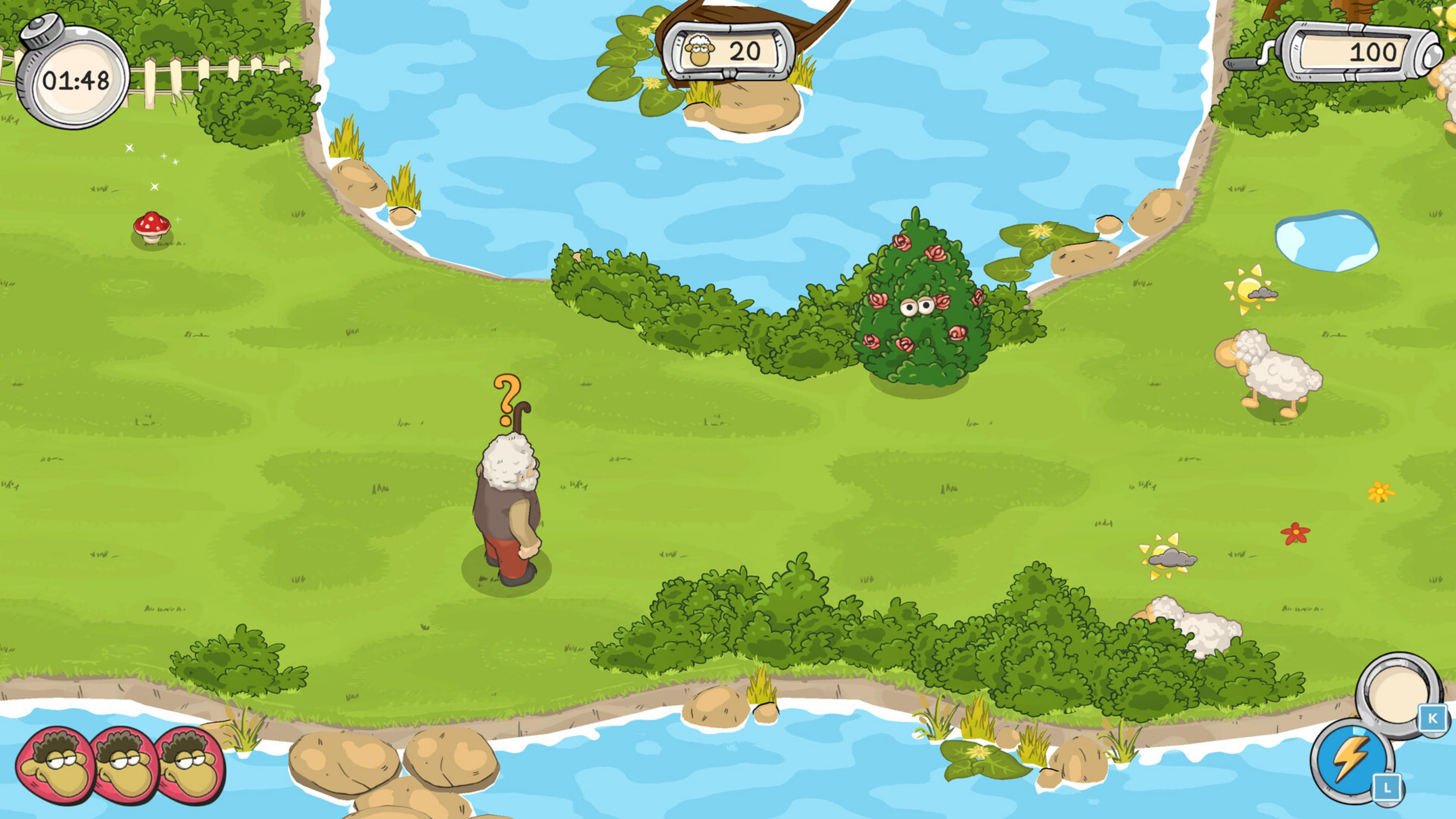 Ein Cartoon-Spiel mit einem alten Mann, Schafen und einem Baum mit Blumen.