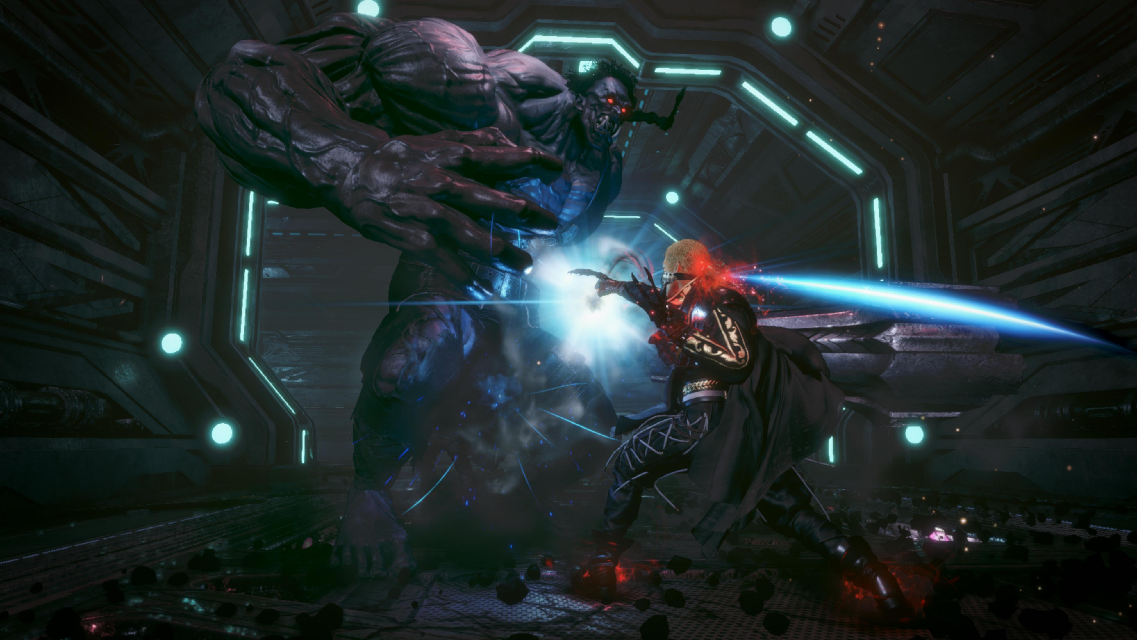 Ein Mann kämpft gegen ein riesiges Monster in einem dunklen, futuristischen Raum.