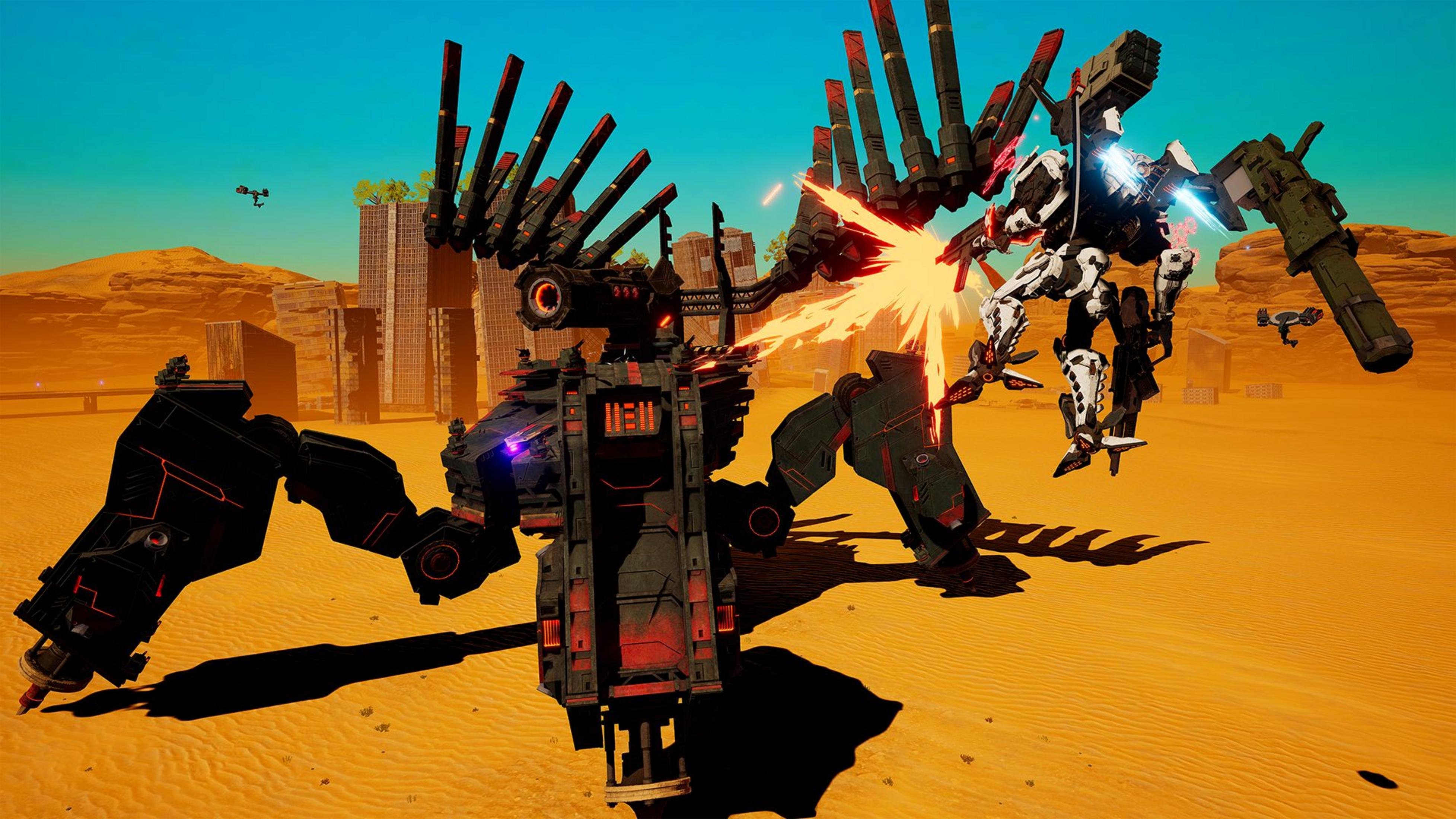 Due mech combattono in un paesaggio desertico con rovine e droni.
