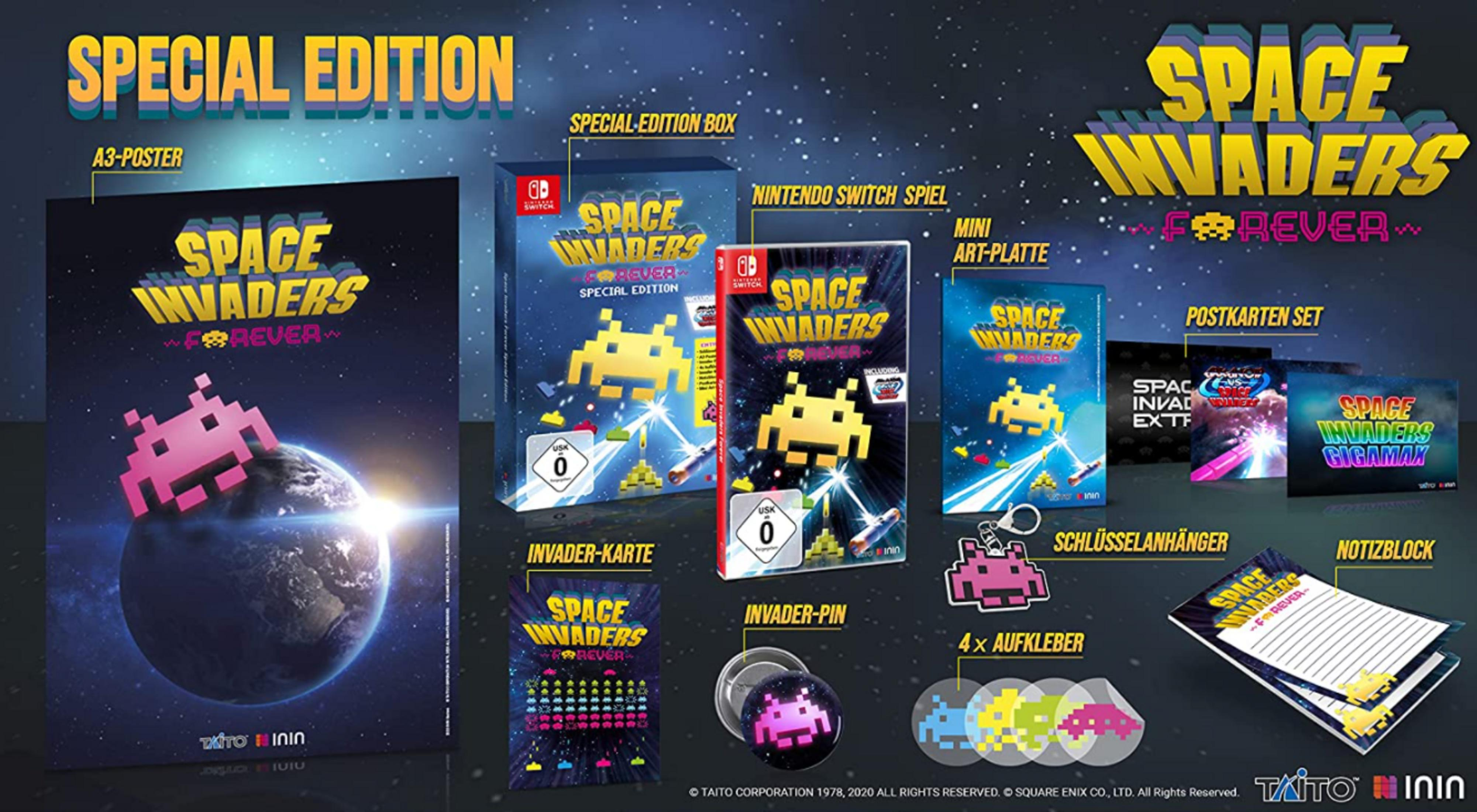Space Invaders Forever Edizione Speciale: Poster, scatola, gioco, cartoncino artistico, spilla, adesivi, portachiavi, bloc notes.