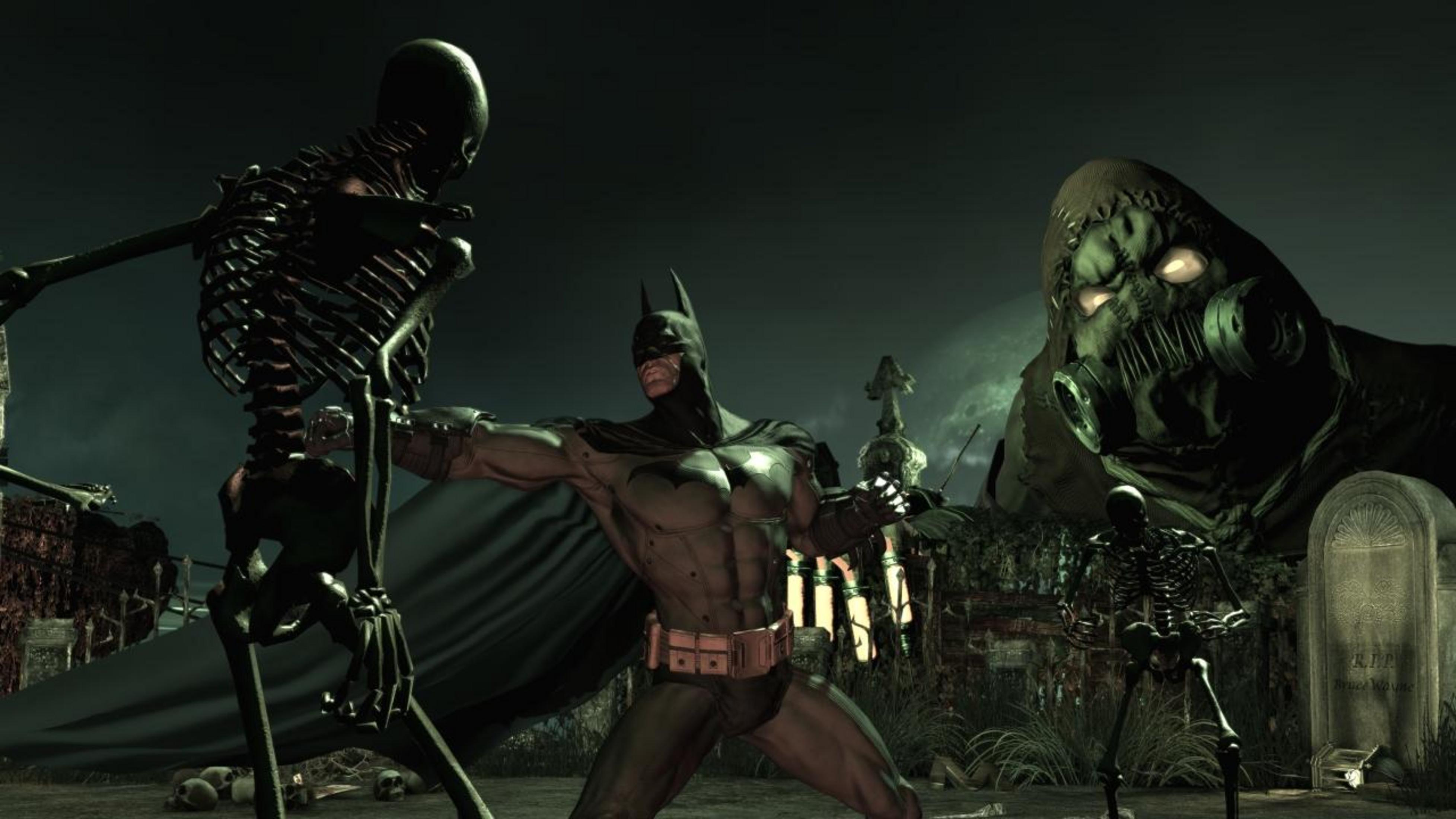 Batman combatte scheletri e lo Spaventapasseri in un cimitero.