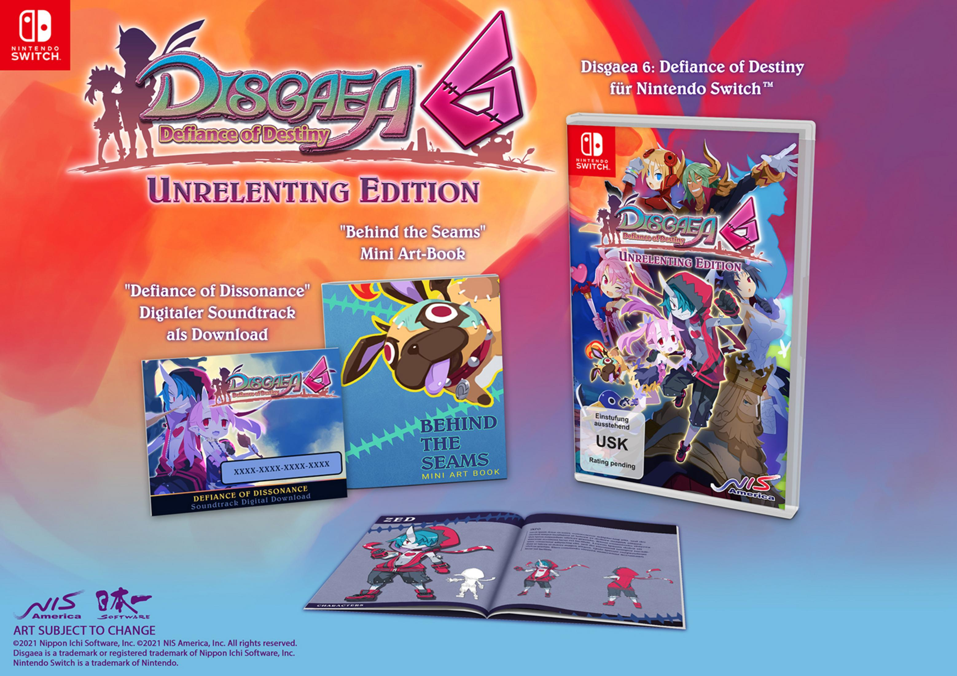 Disgaea 6 Unrelenting Edition für Nintendo Switch mit Spiel, Artbook und Soundtrack.