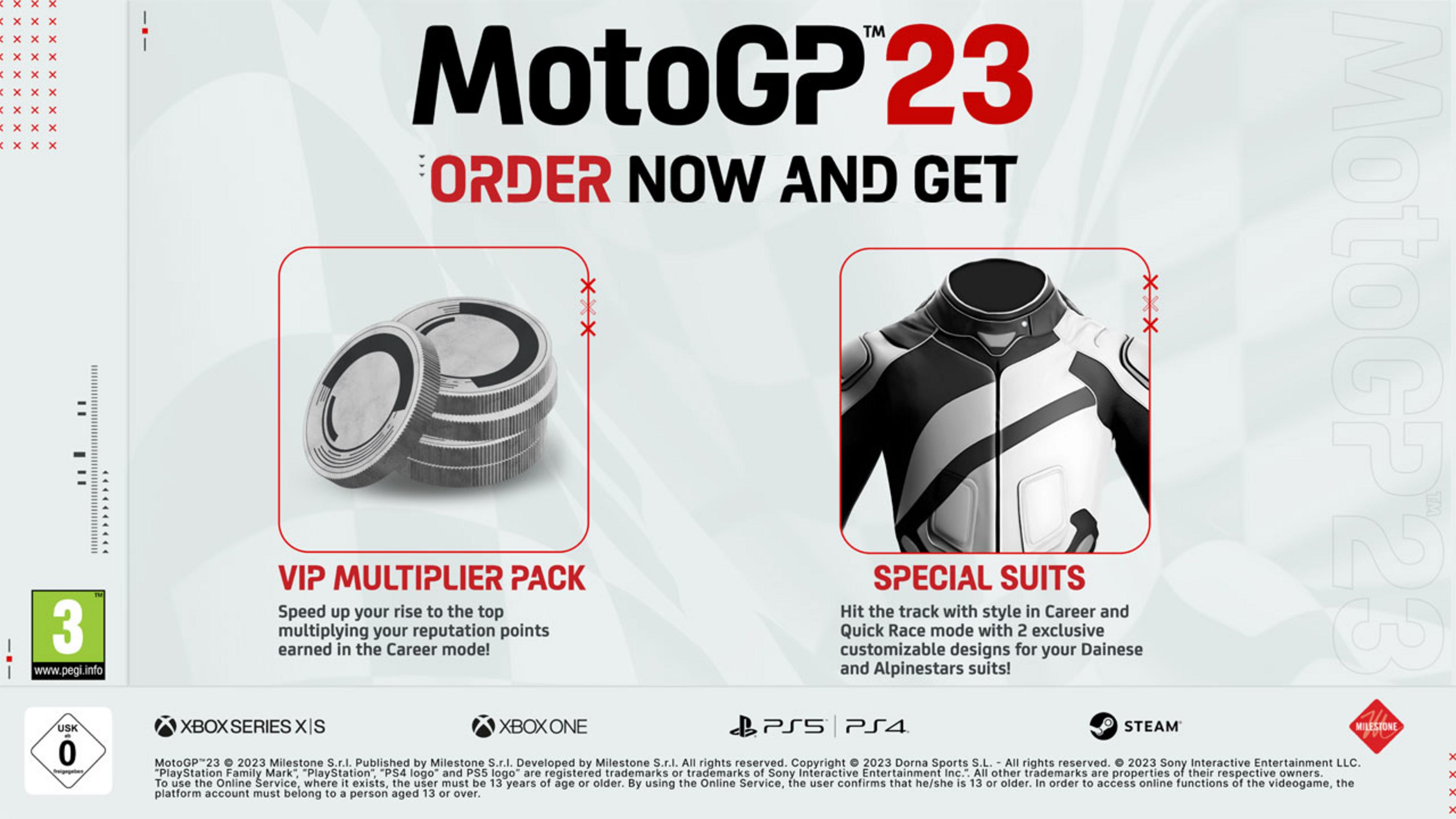 MotoGP 23 Werbung mit Spielgegenständen: Münzen und Rennanzug.