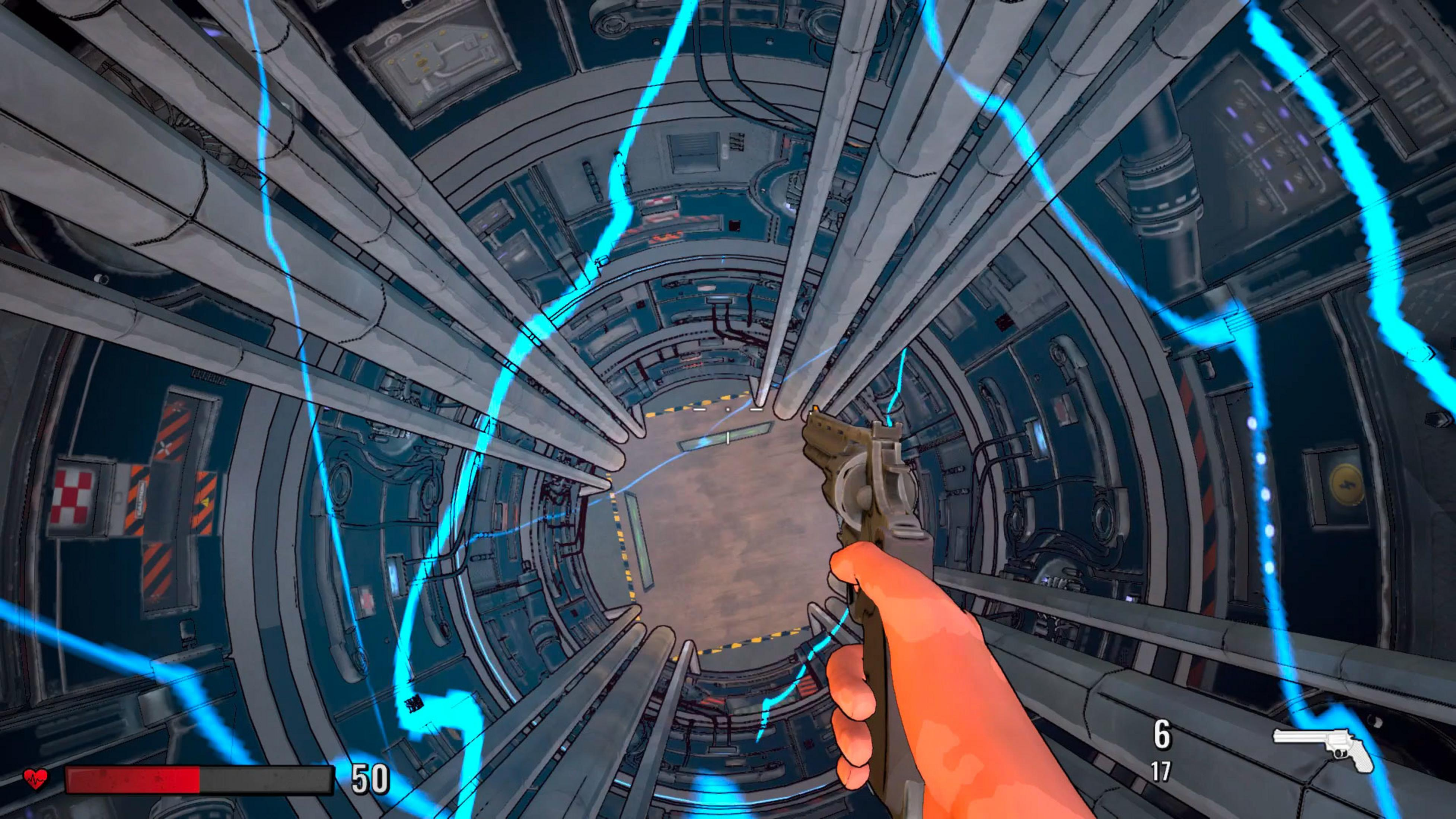 Ein Spieler hält eine Waffe in einem runden Korridor mit Rohren und blauen Energielinien.