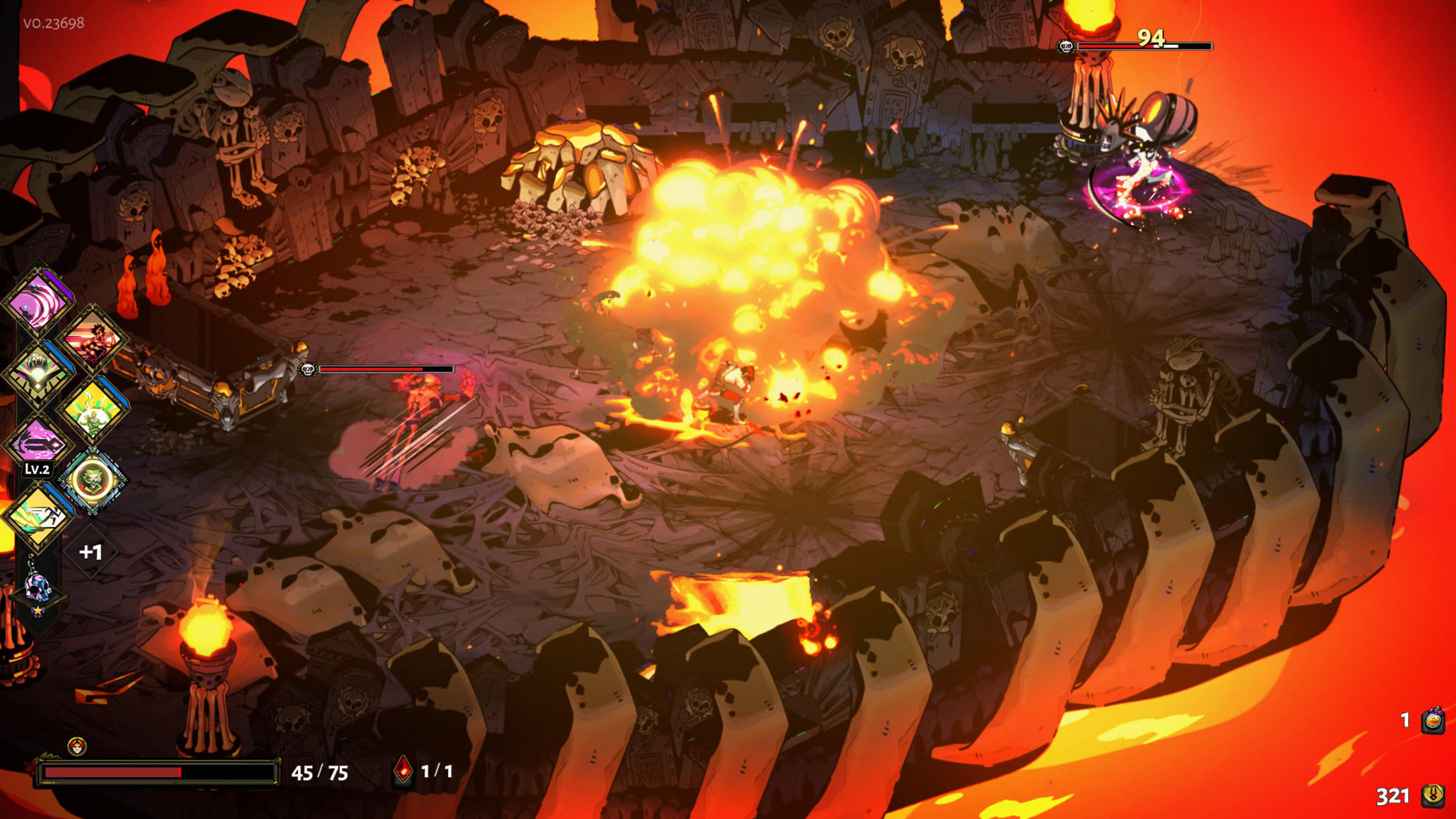 Scène de combat avec explosions, squelettes et personnages dans un environnement enflammé.