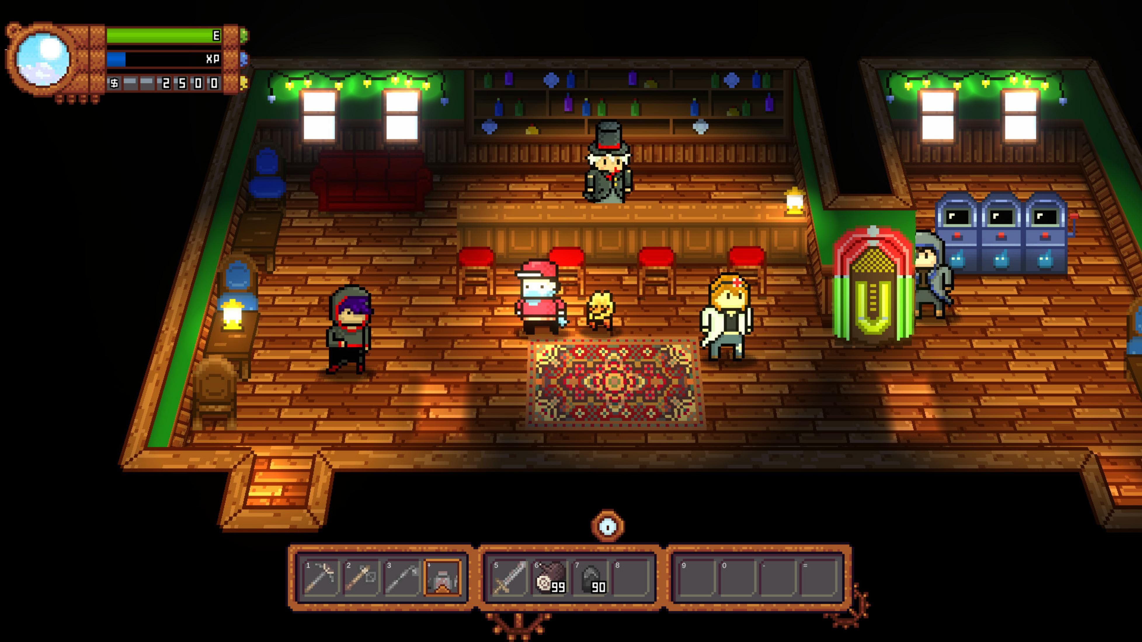 Pixel-Bar mit Charakteren, Jukebox, Spielautomaten und Weihnachtslichtern.
