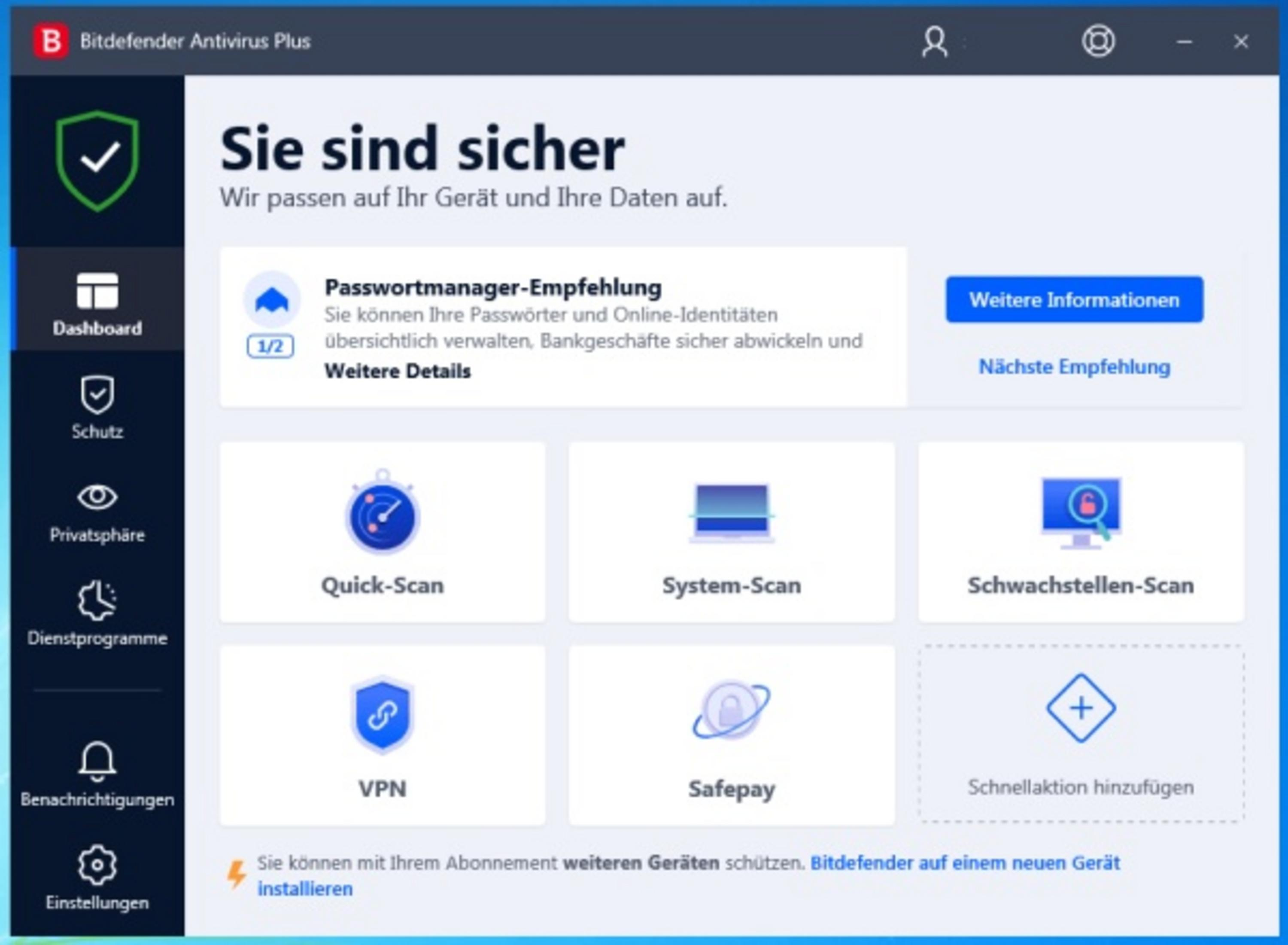 Bitdefender Antivirus Plus Dashboard mit Scans, VPN, Safepay und Passwortmanager.