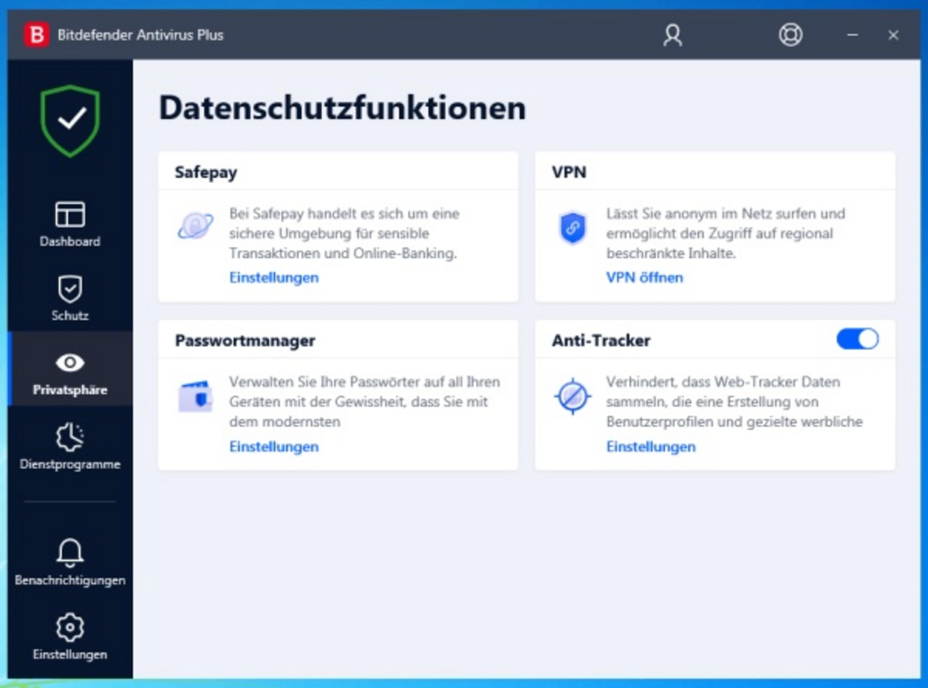 Bitdefender-Sicherheitsfunktionen: Safepay, VPN, Passwortmanager, Anti-Tracker.