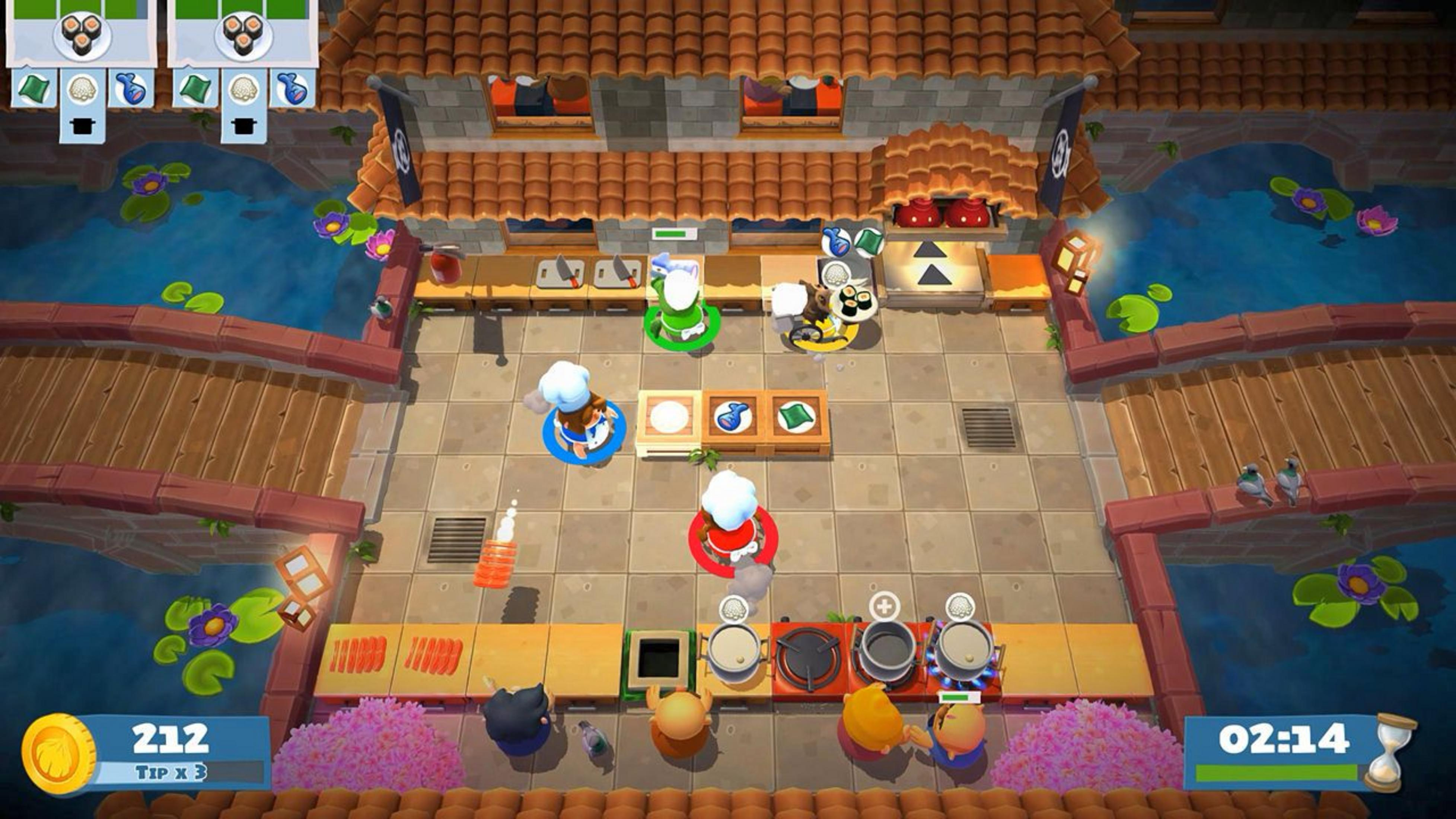 Spieler in einer Küche mit Sushi-Themen, kochen und servieren Mahlzeiten über einem Wasserkanal.