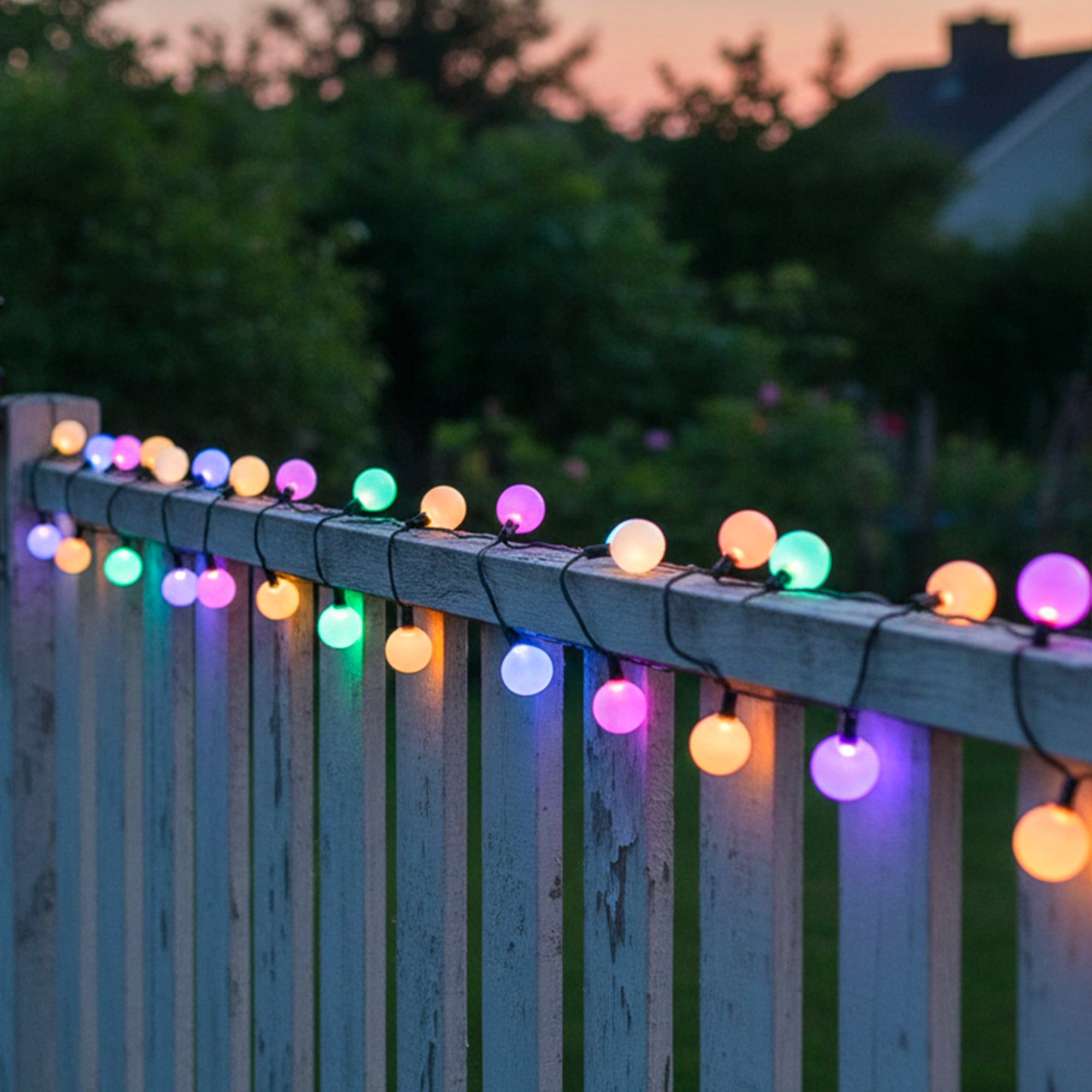 Bunte Lichterketten hängen an einem Holzzaun im Abendlicht.