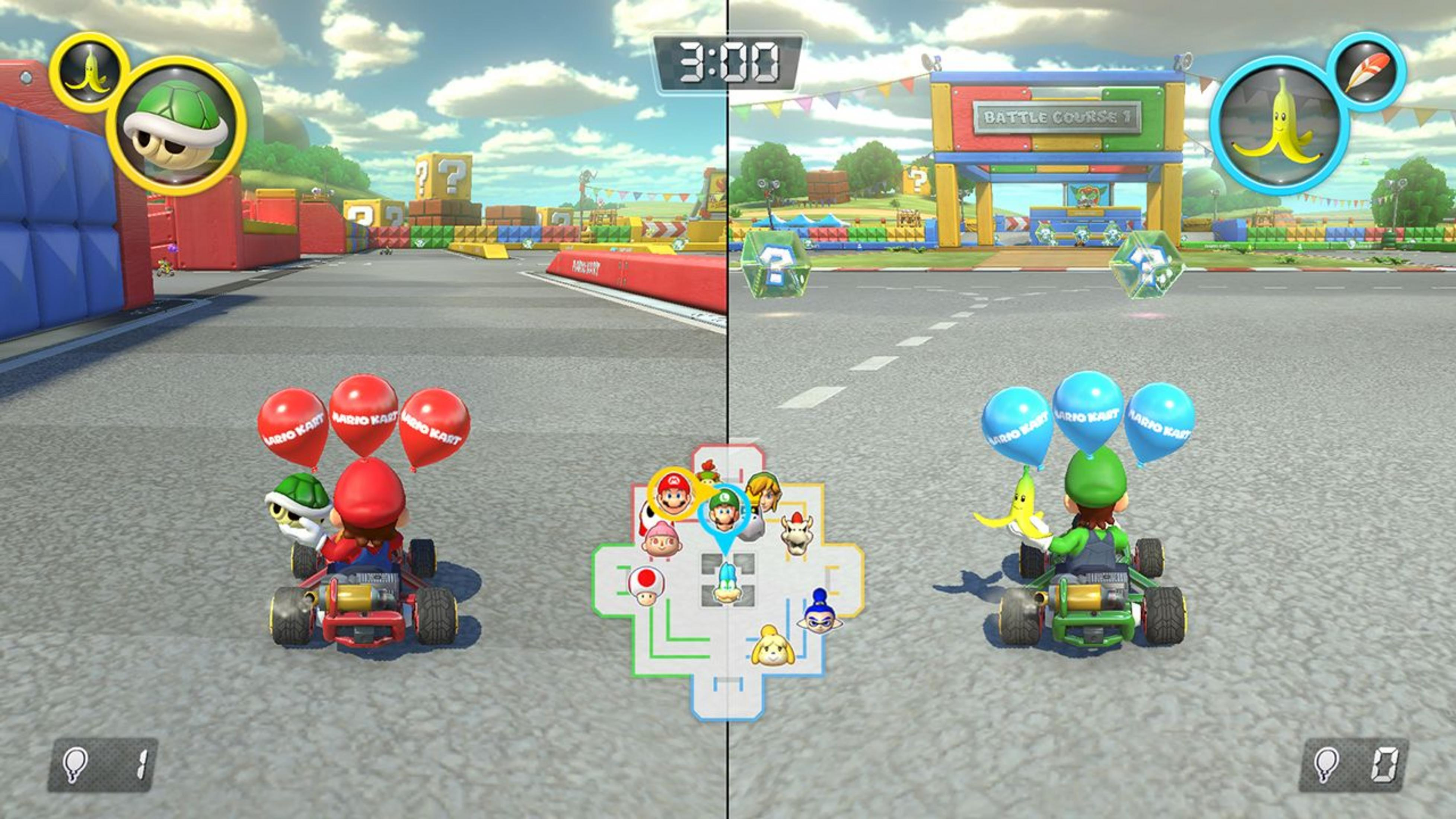 Mario Kart: Mario und Luigi fahren um die Wette, rote und blaue Ballons.