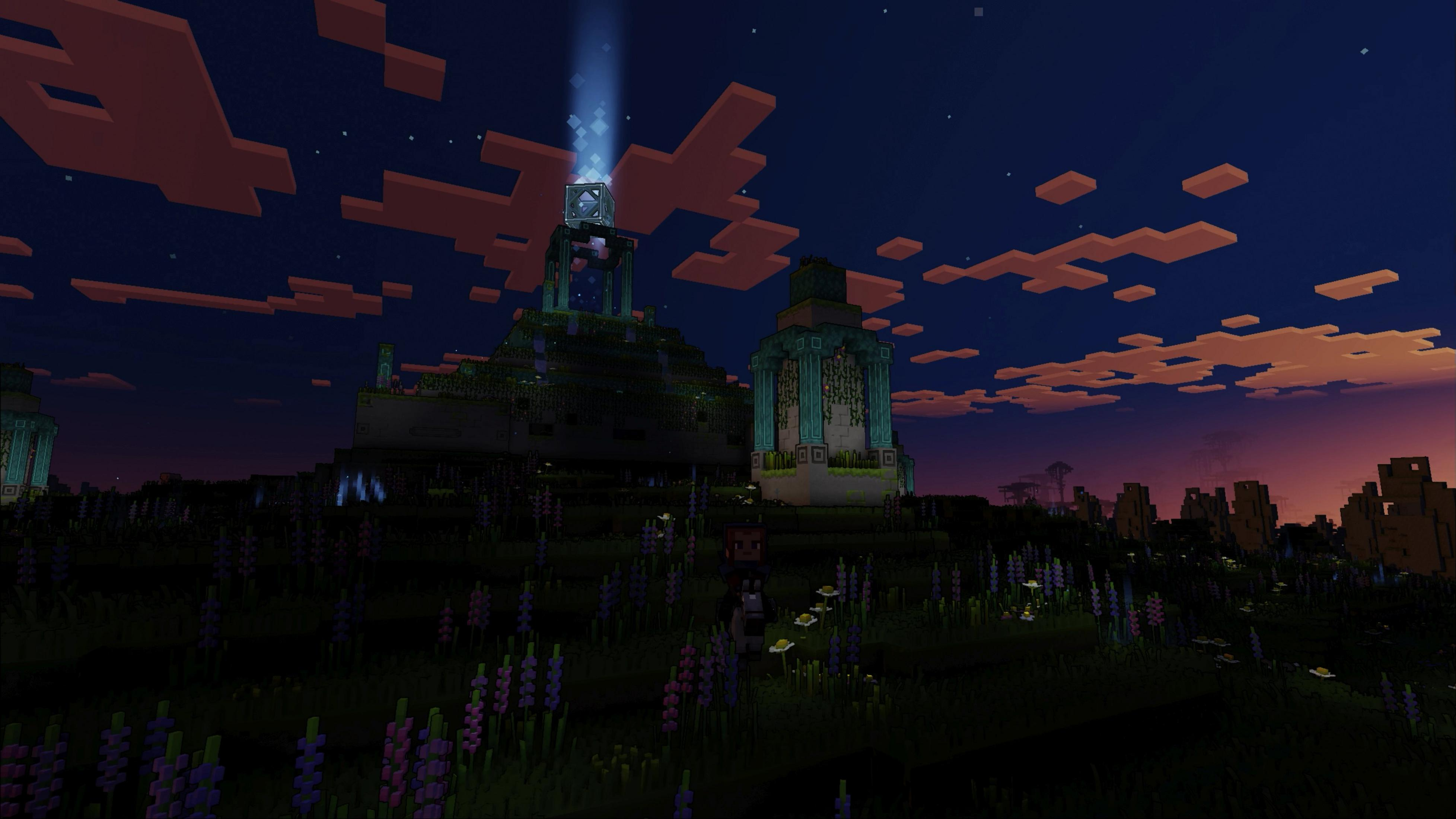 Un paesaggio Minecraft al tramonto con una torre che emette un raggio di luce.