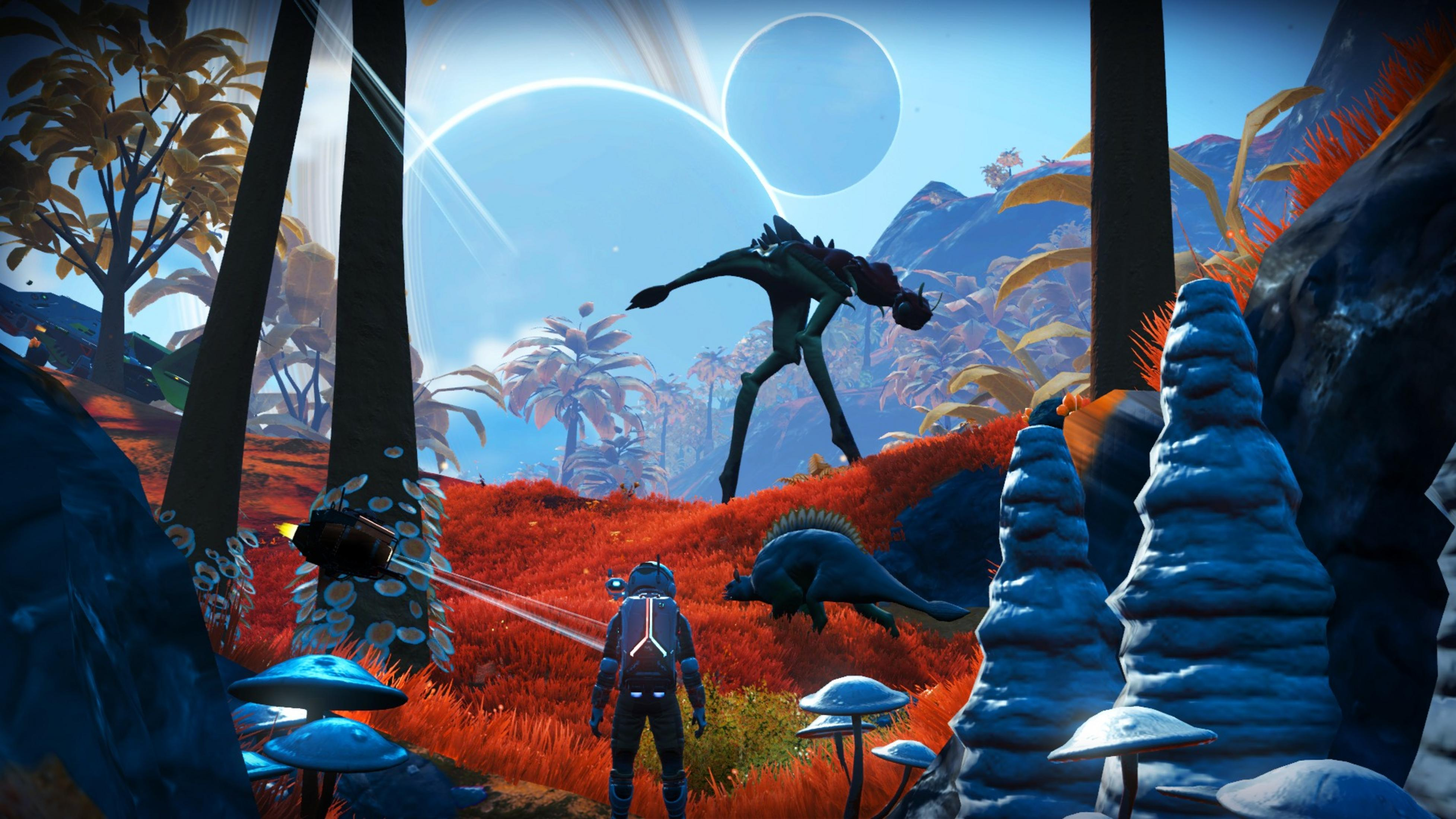 Ein Astronaut steht auf einem roten Planeten mit außerirdischer Flora und Fauna.