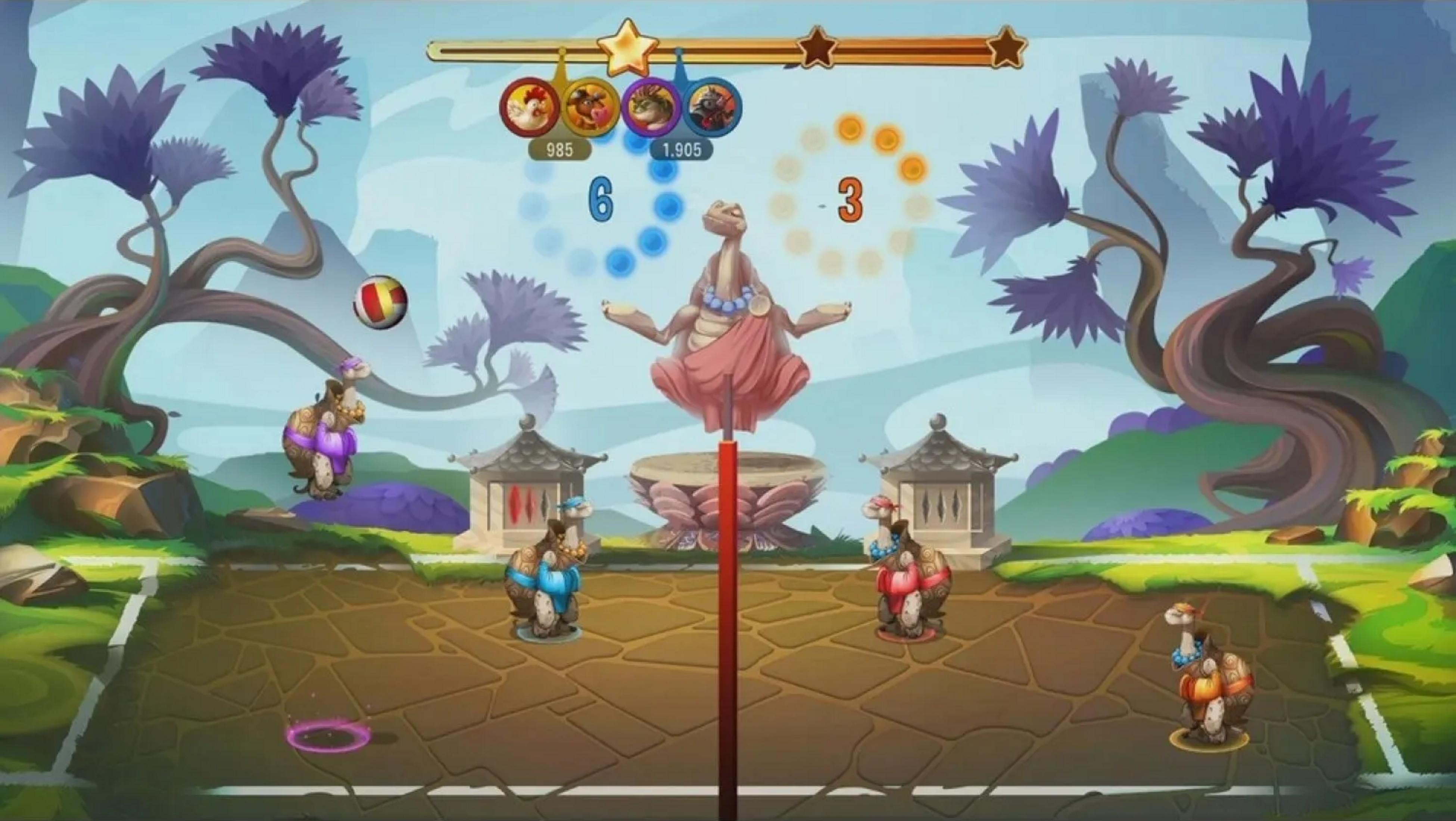 Spielbildschirm: anthropomorphe Tiere spielen Volleyball in einer Fantasy-Umgebung.