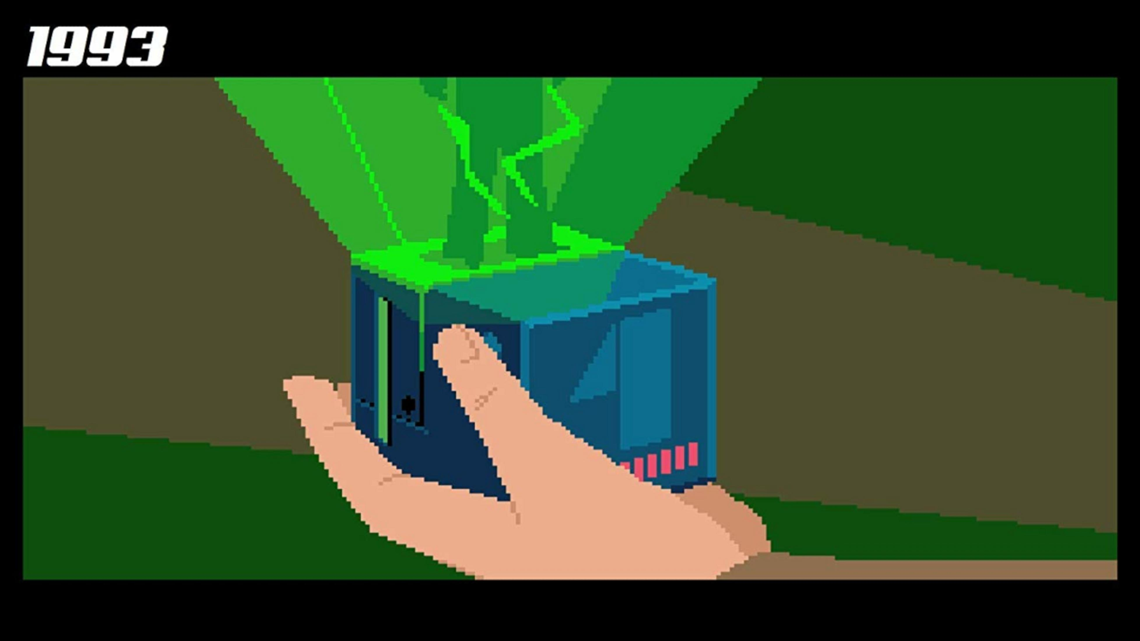 1993: Eine Hand hält eine blaue Box, aus der grünes Licht austritt.