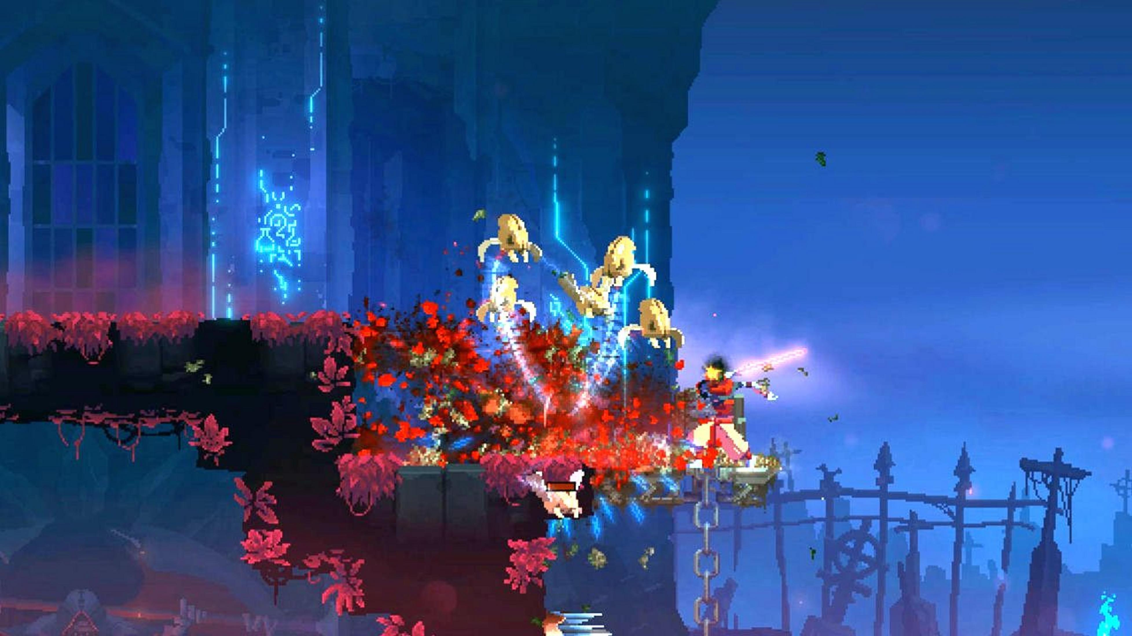 Ein Pixel-Charakter kämpft gegen goldene Feinde in blauer Umgebung.
