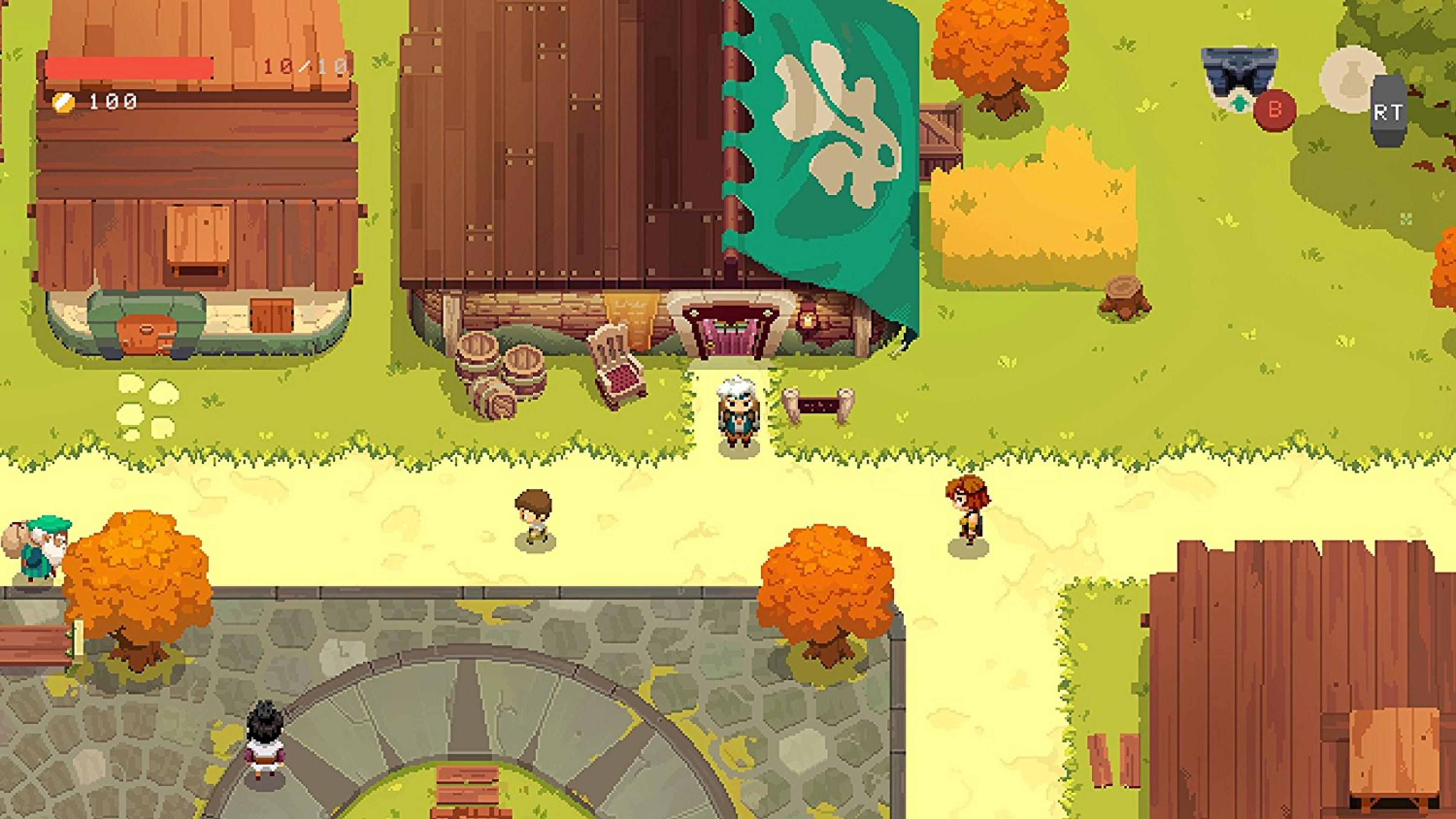 Pixel-Art-Dorf mit Charakteren, Bäumen und Gebäuden im Freien.