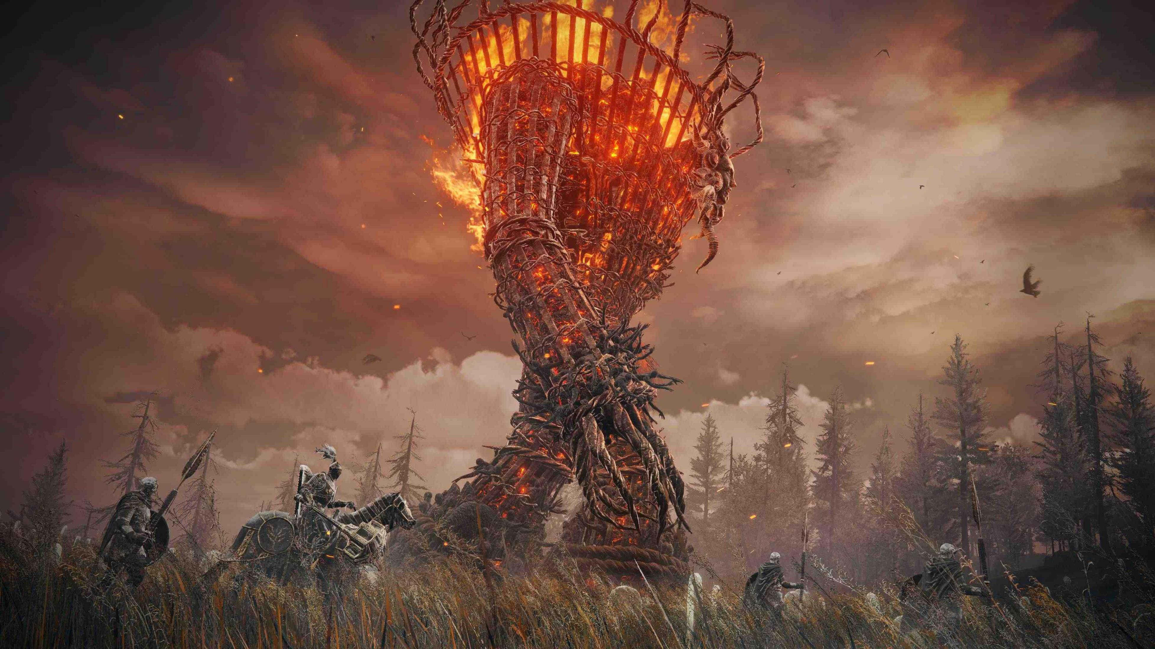Ein brennender Turm ragt auf, mit Figuren zu Pferd und zu Fuß im Vordergrund.