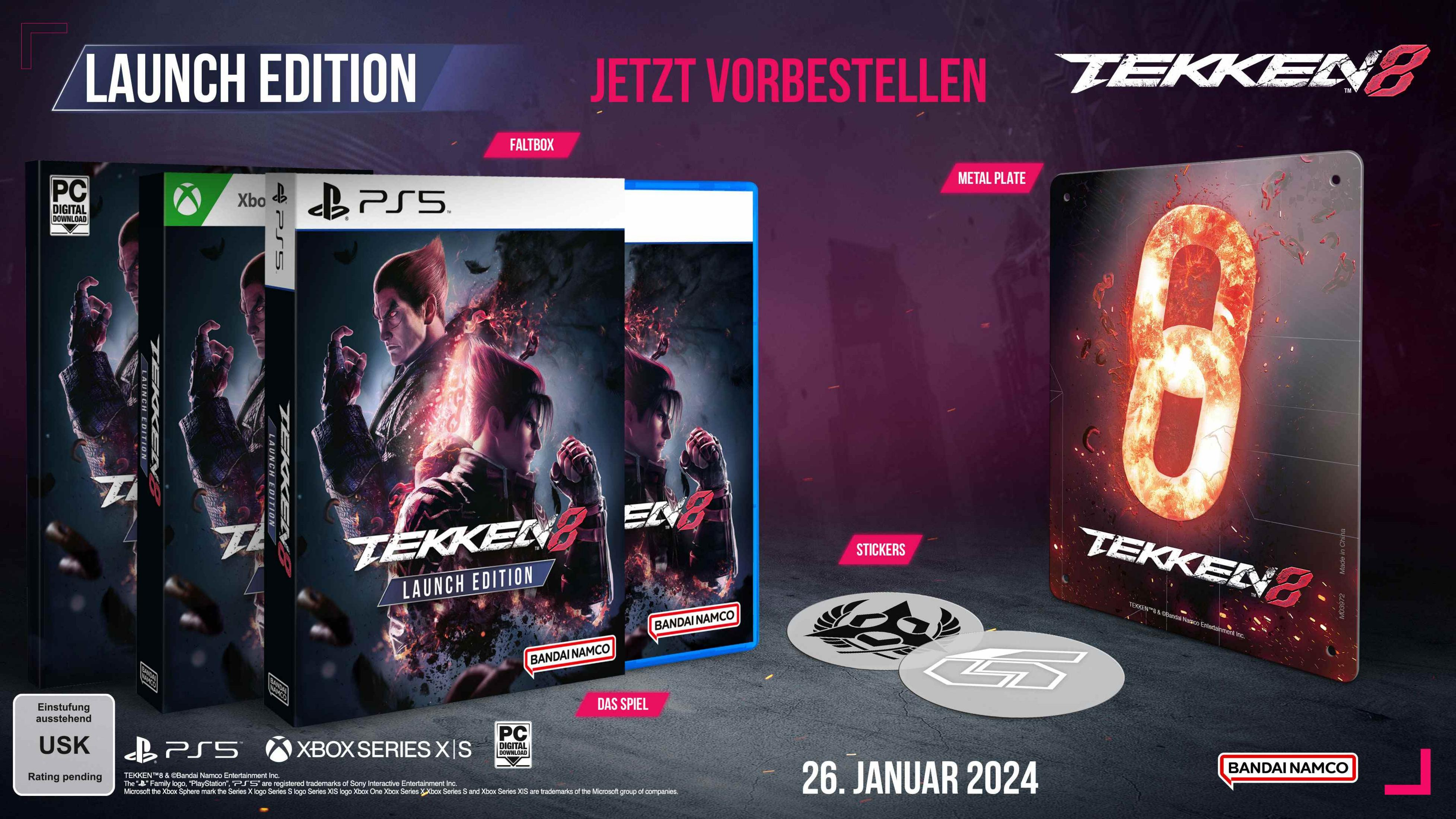 Tekken 8 Launch Edition mit Spielen für PC, PS5 und Xbox. Metallplatte mit Kette.