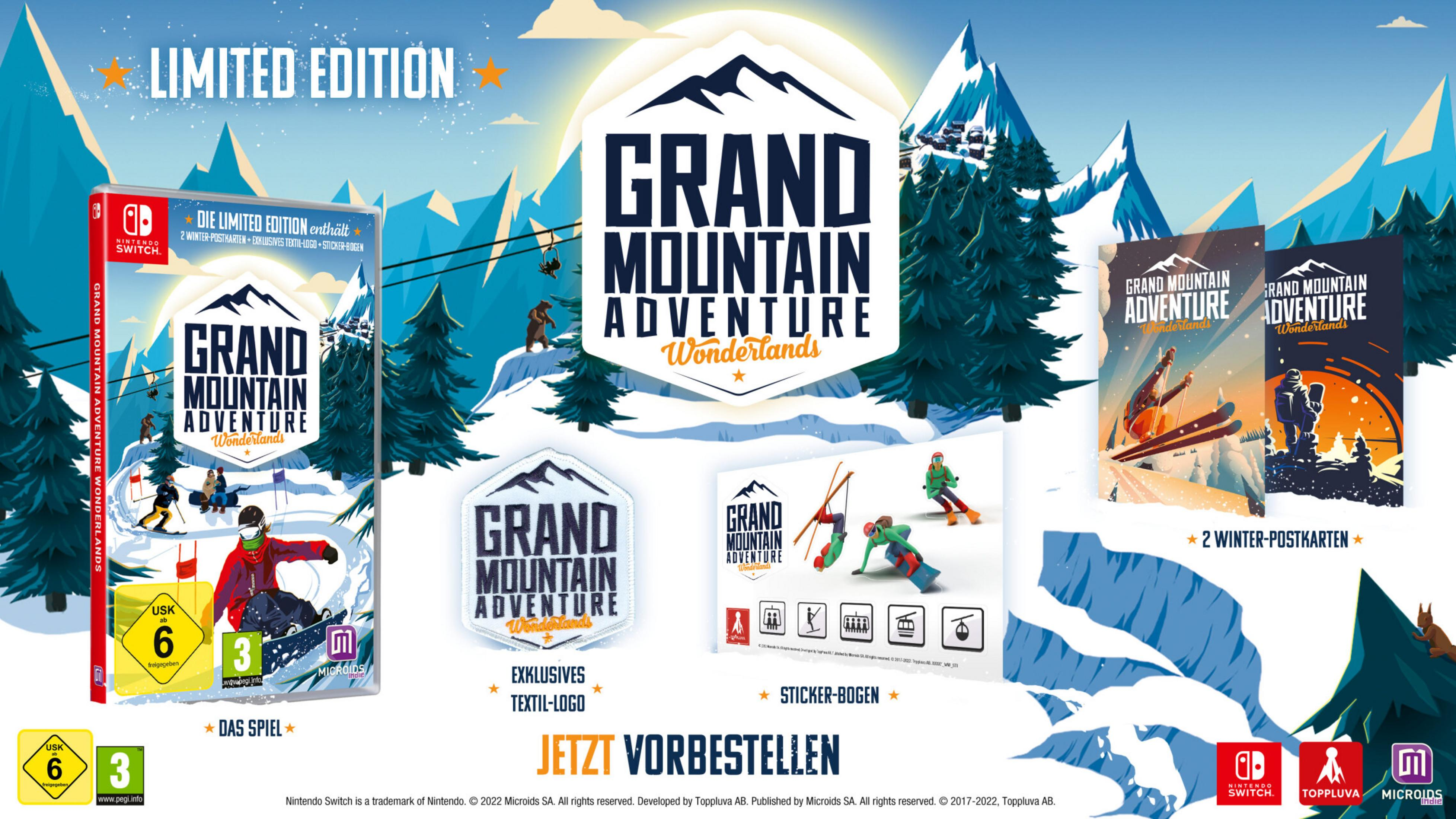 Limited Edition Cover für Nintendo Switch mit Bergmotiv und Skifahrern.