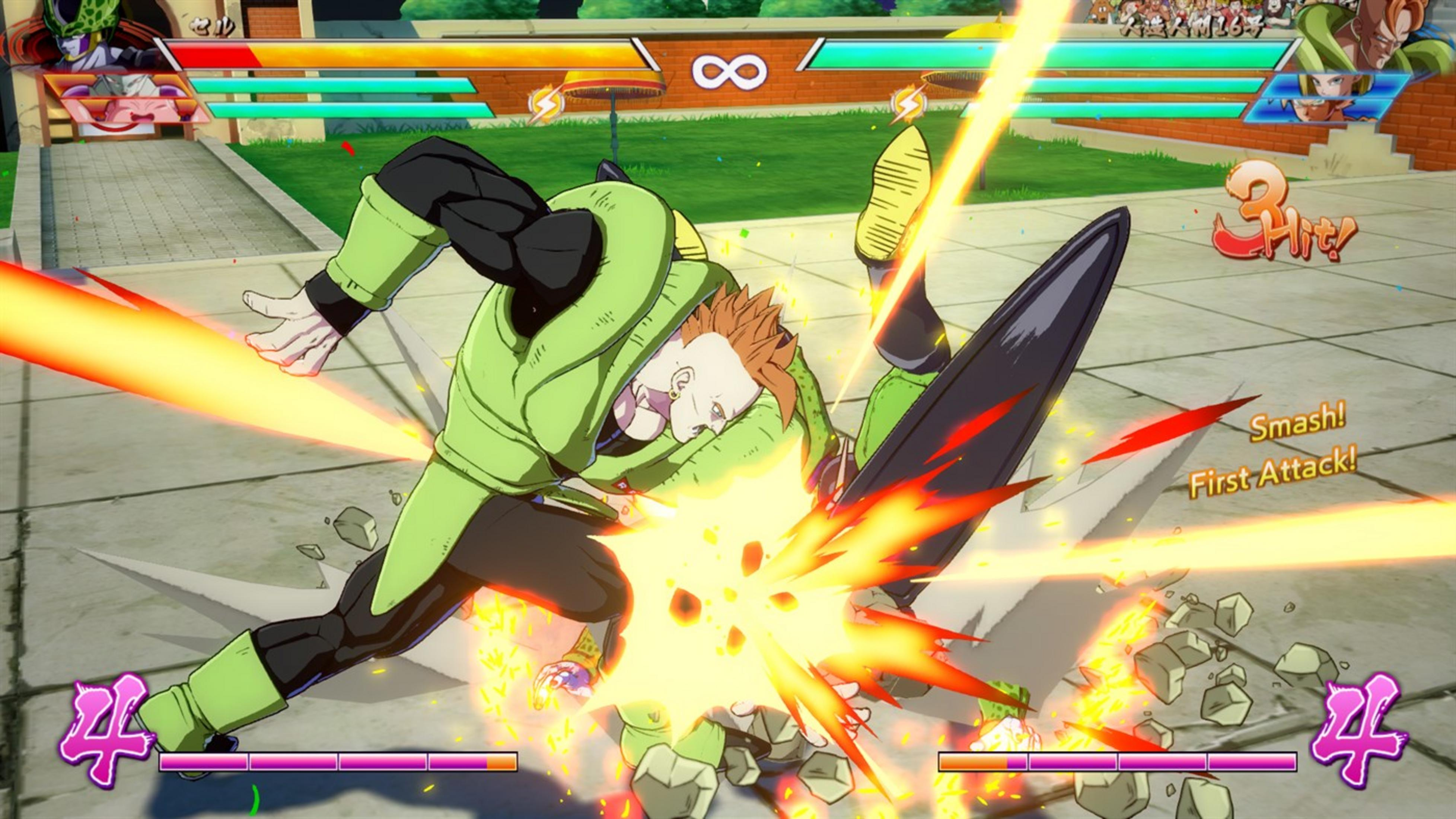 Android 16 im Kampf, trifft mit einem Schlag, der Steine zerschmettert.