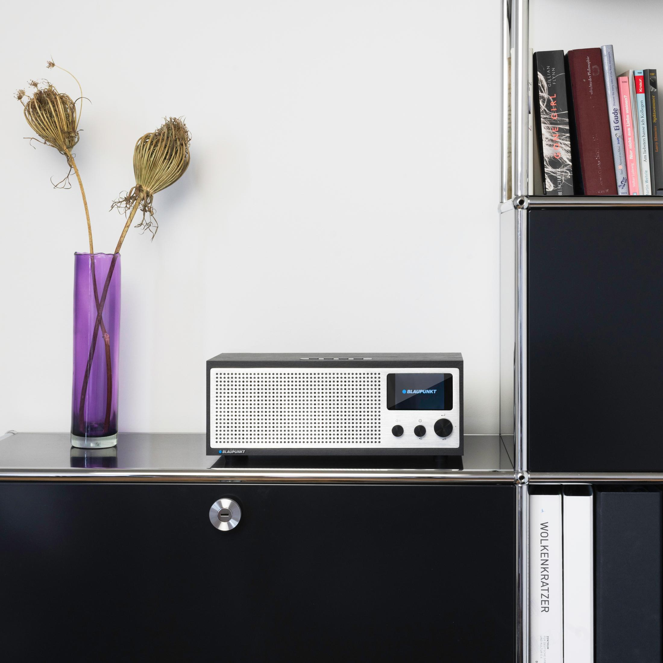 Ein digitaler Radio auf einem schwarzen Schrank, neben einer lila Vase mit Trockenblumen.