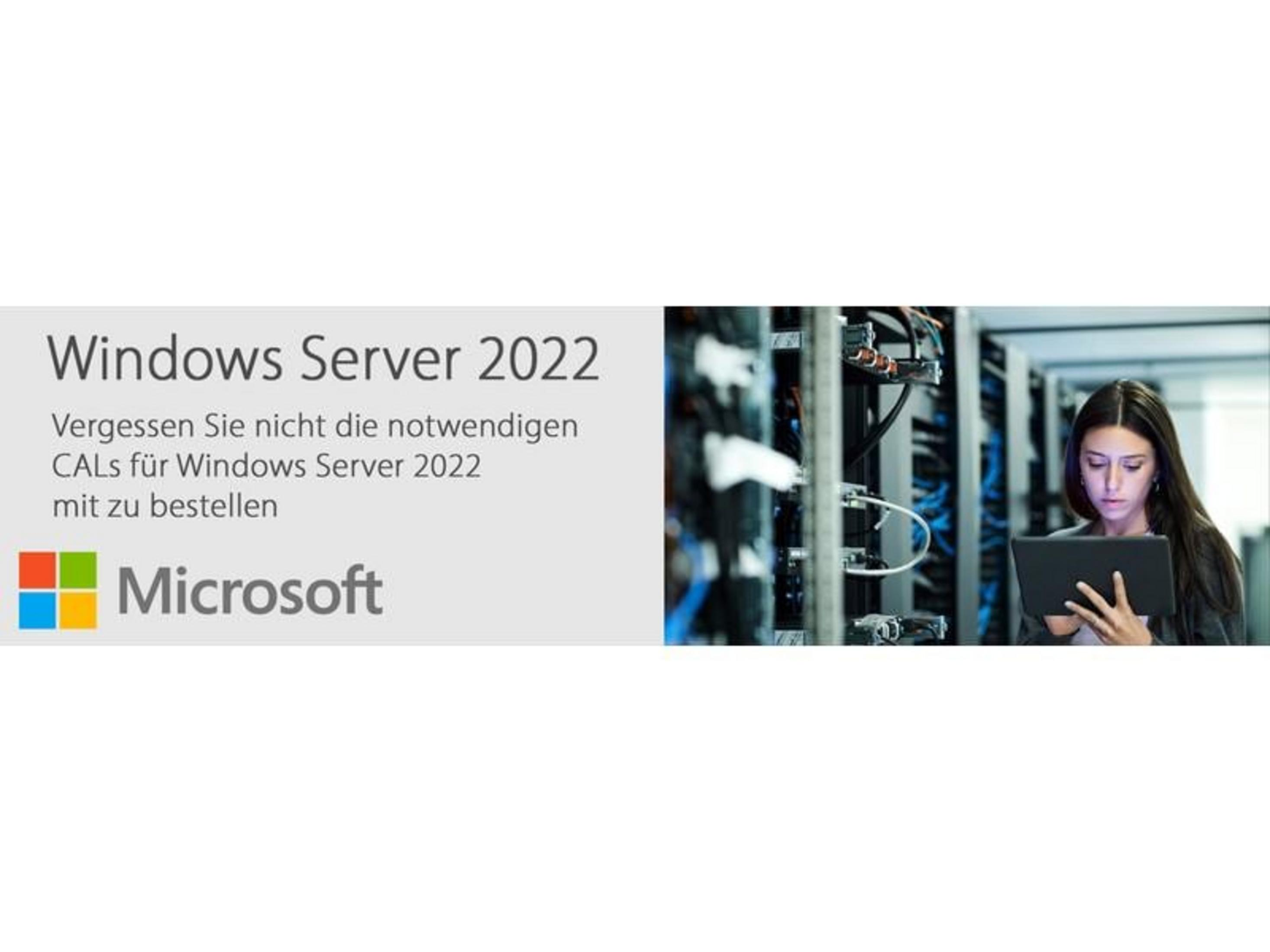Windows Server 2022: Kobieta z tabletem w serwerowni, logo Microsoft.