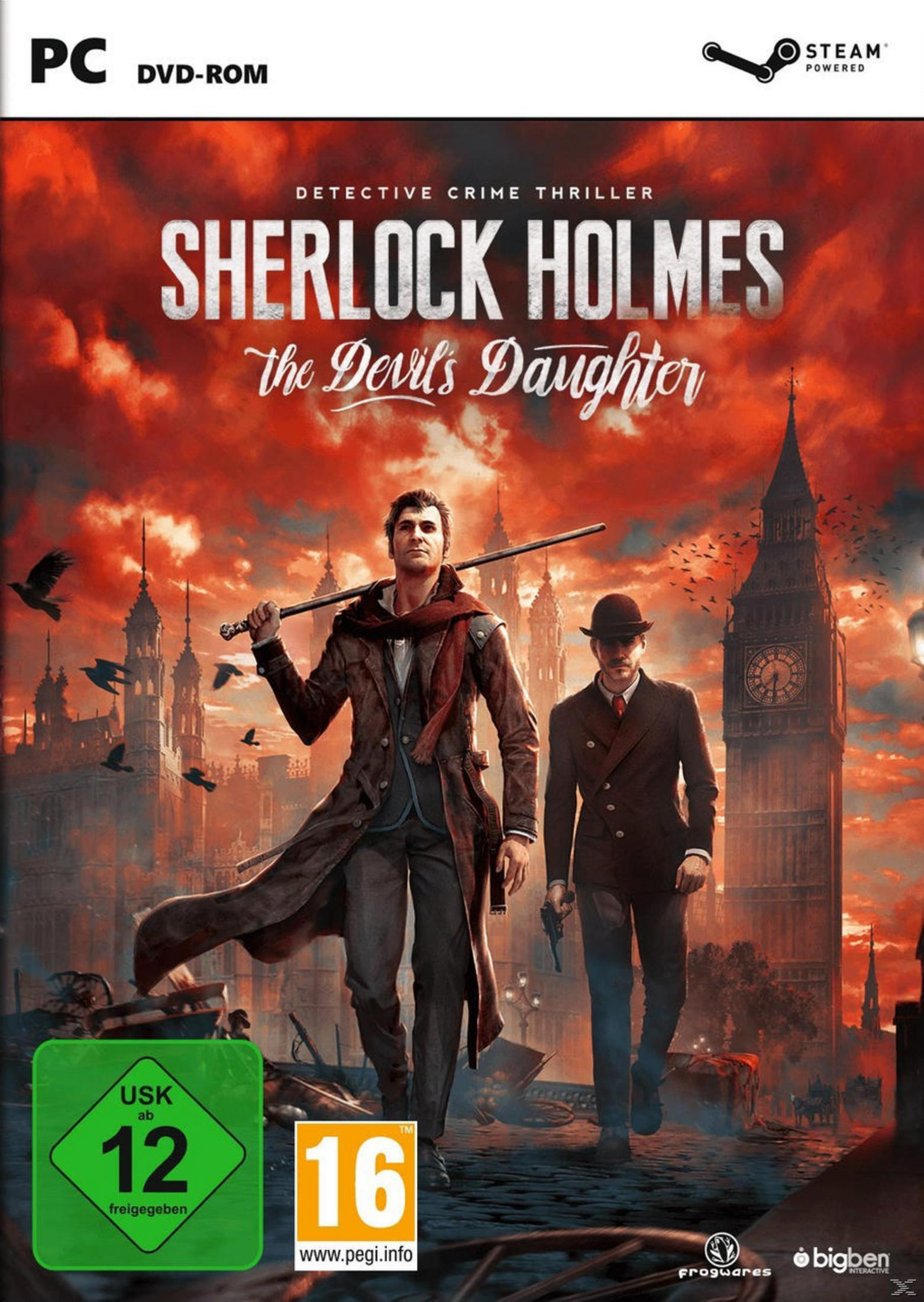 Sherlock Holmes und ein Mann in einem Anzug gehen unter einem roten Himmel.