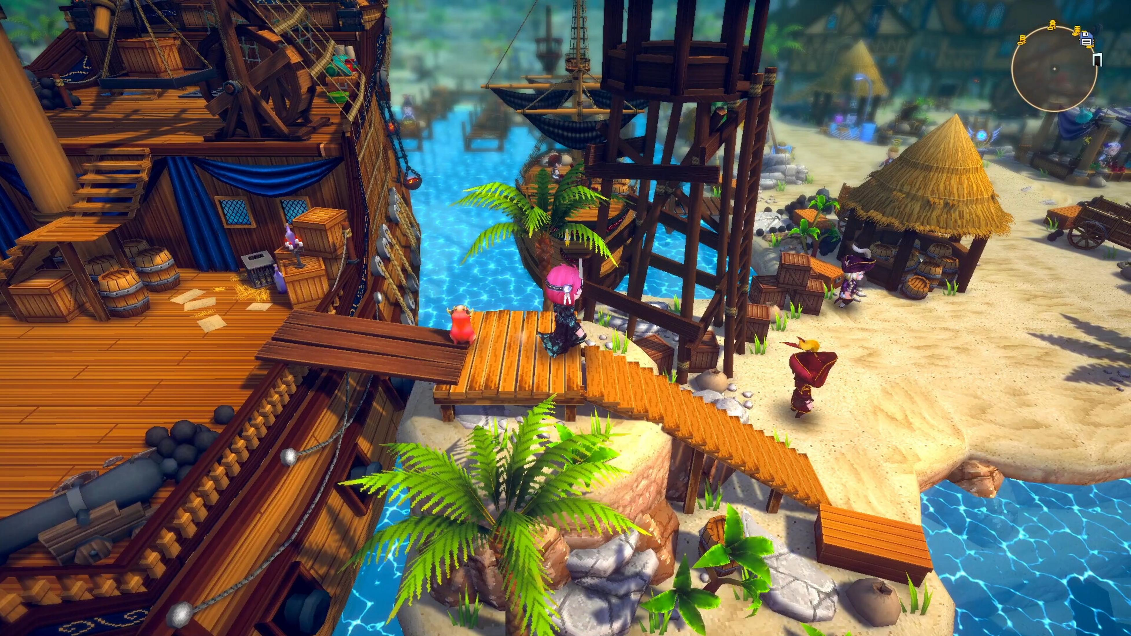 Pirateschiff an einer tropischen Insel mit Strohhütten, Holzstrukturen und Cartoon-Figuren angedockt.