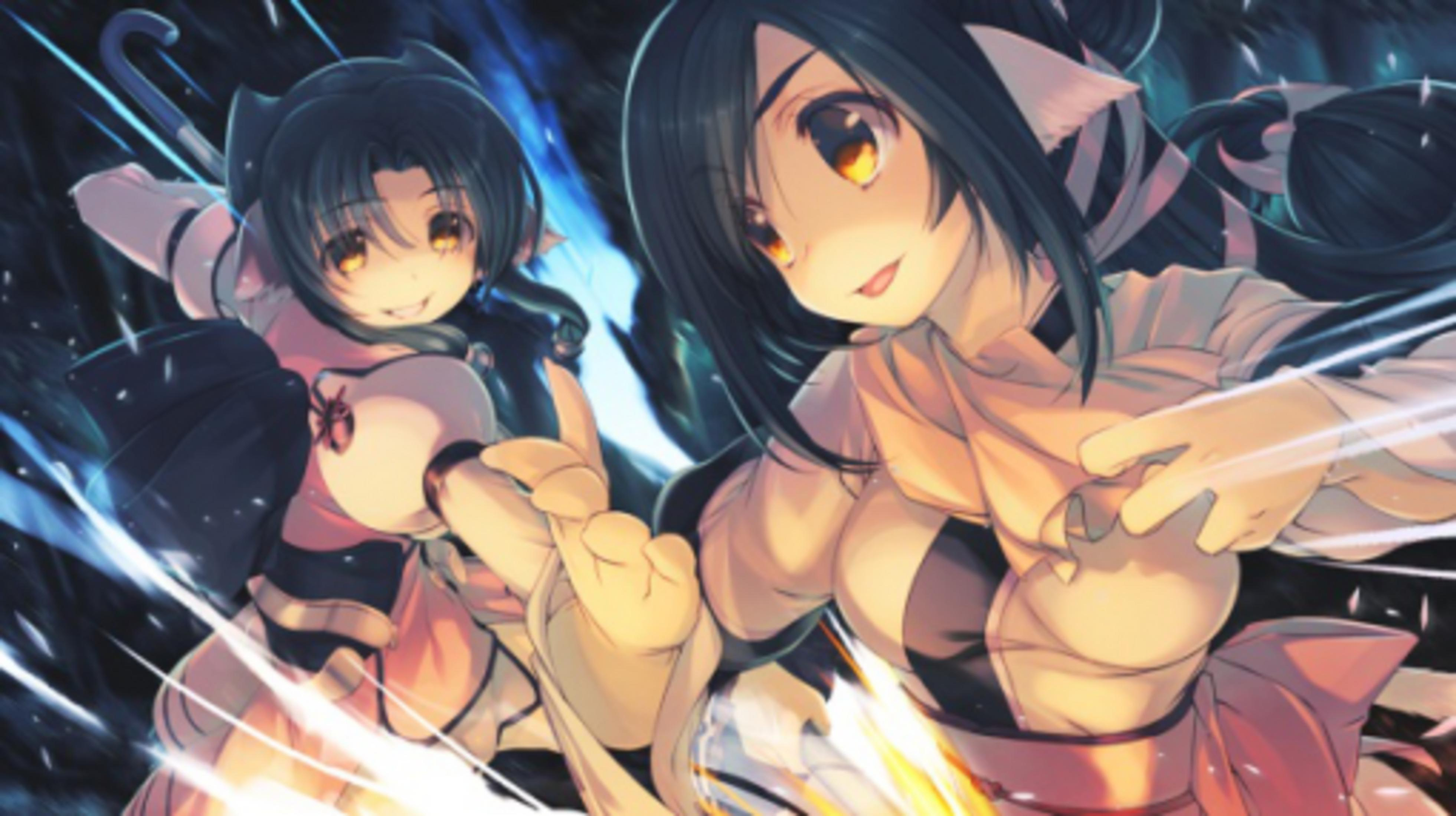 Due ragazze in stile anime con orecchie a punta e occhi gialli combattono.