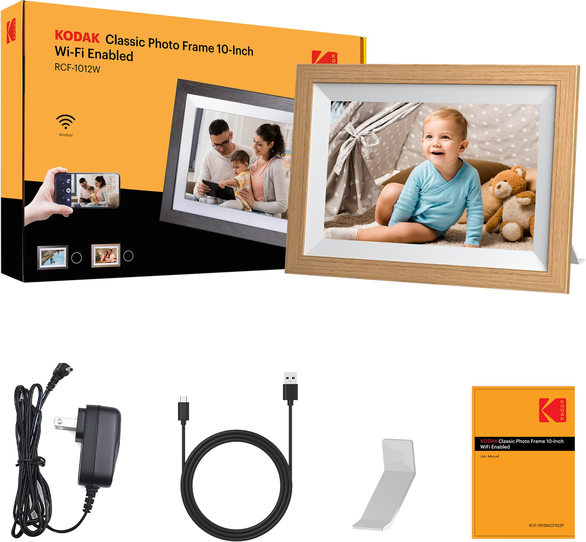 Kodak Fotorahmen mit Zubehör: Netzteil, USB-Kabel, Ständer, Handbuch.