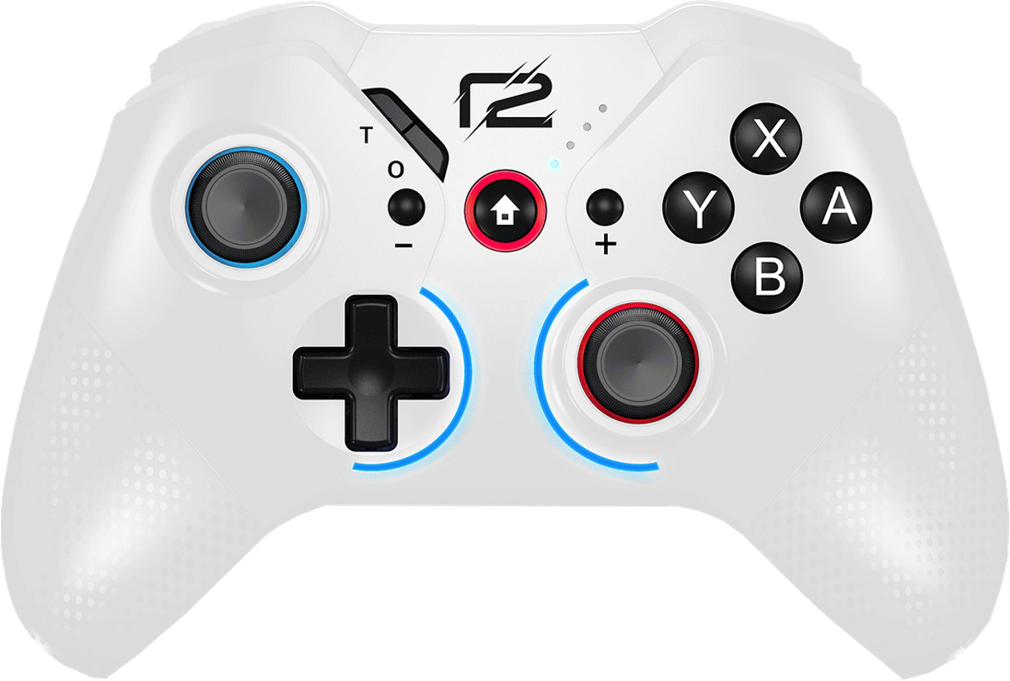 Ein weißer Gamecontroller mit schwarzen Tasten und Joysticks und blauen Akzenten.