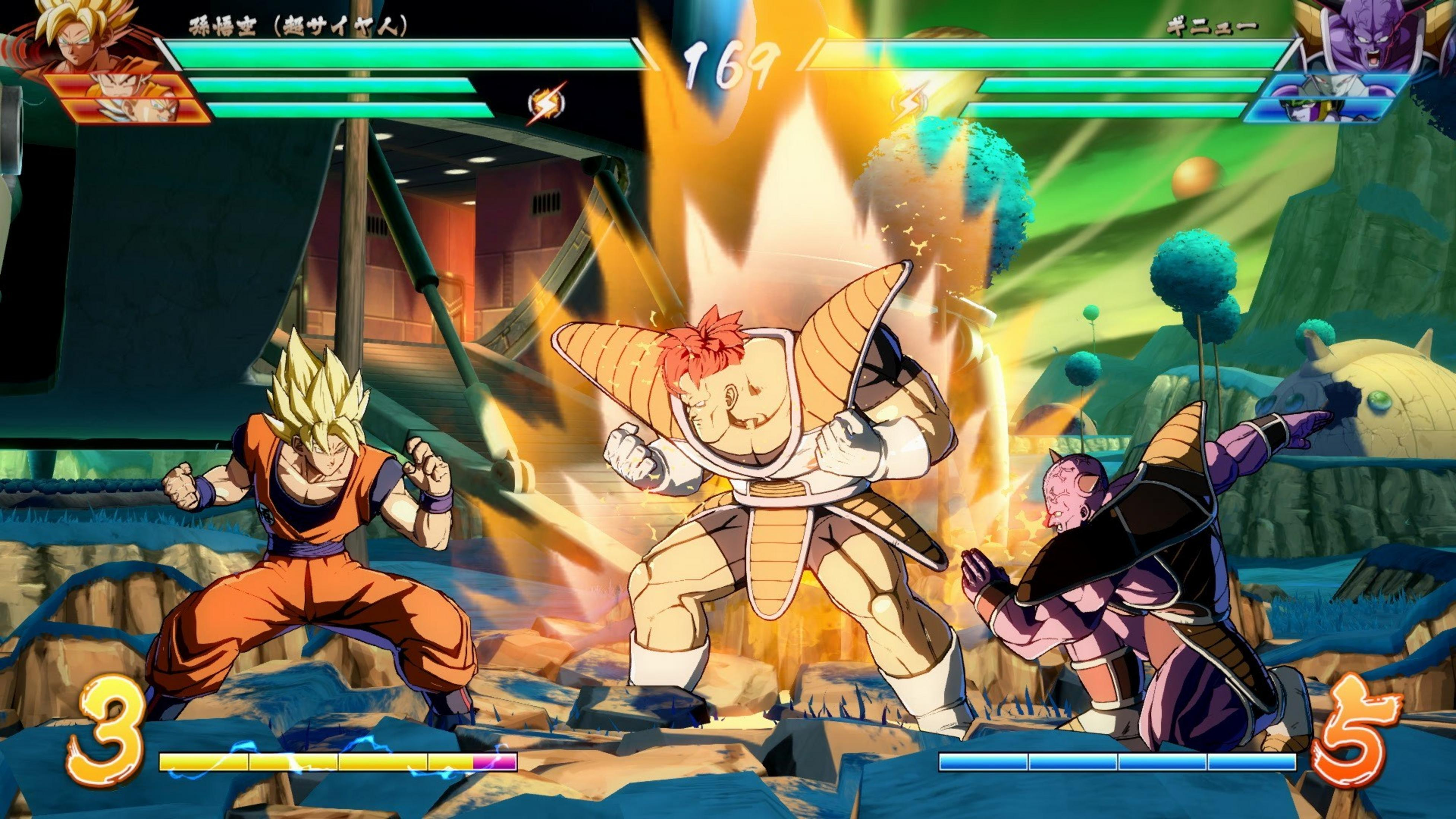 Goku combatte Zarbon e Dodoria in un paesaggio desertico con alberi.