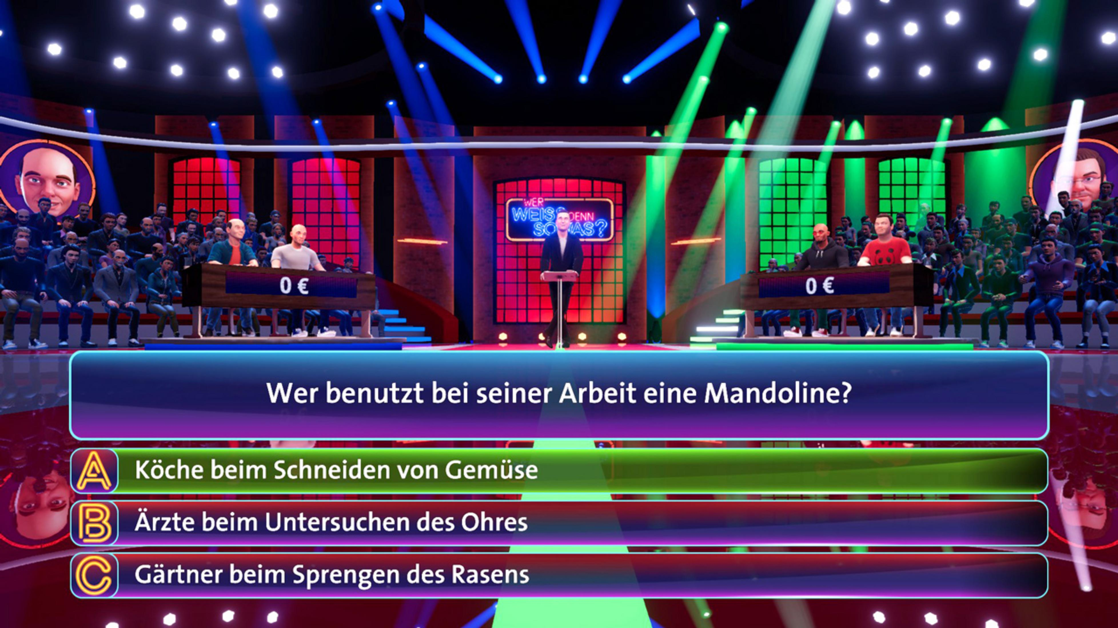Quizshow-Bühne mit Frage und Antwortmöglichkeiten.