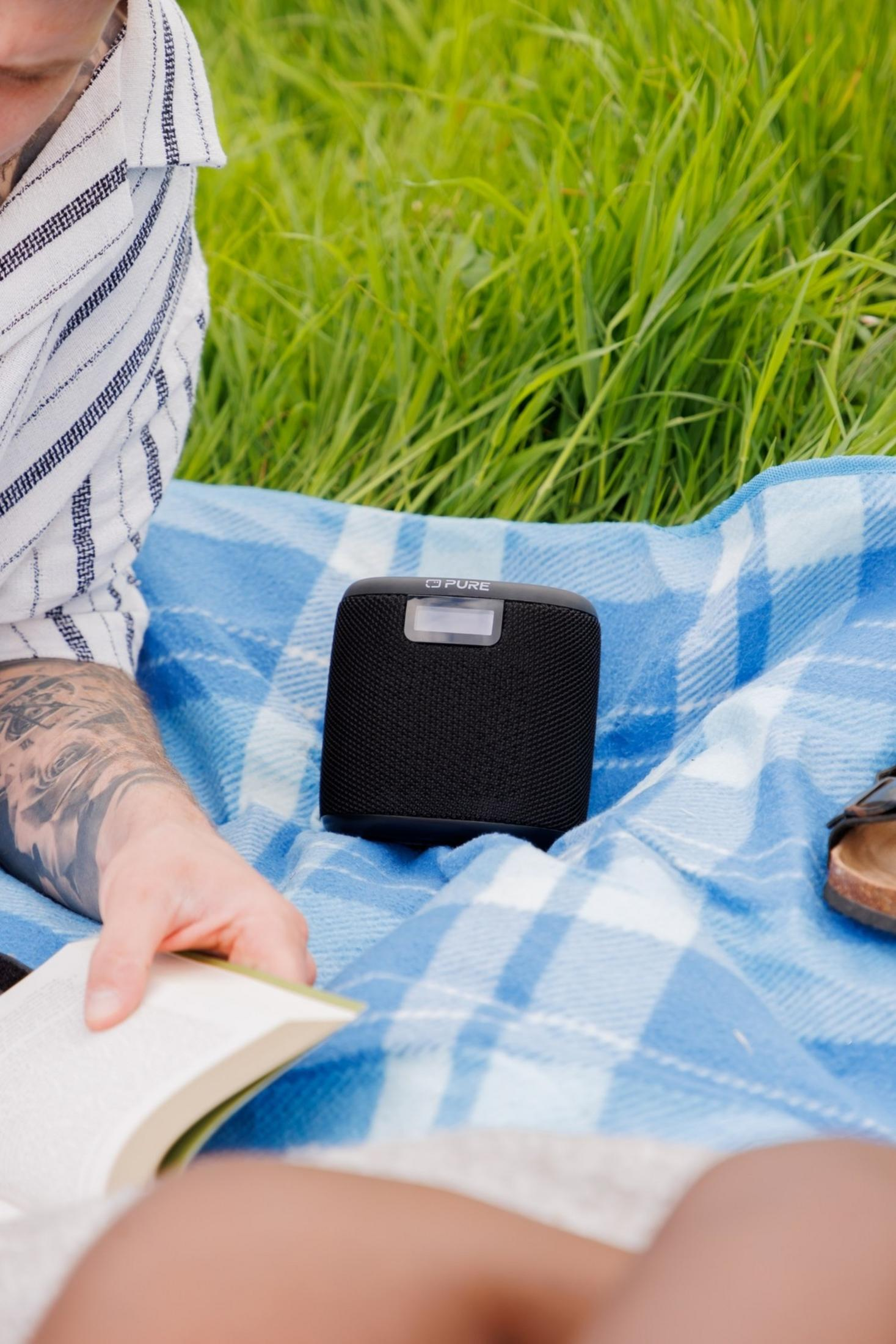 Une enceinte noire est posée sur une couverture à carreaux bleus et blancs dans l'herbe.