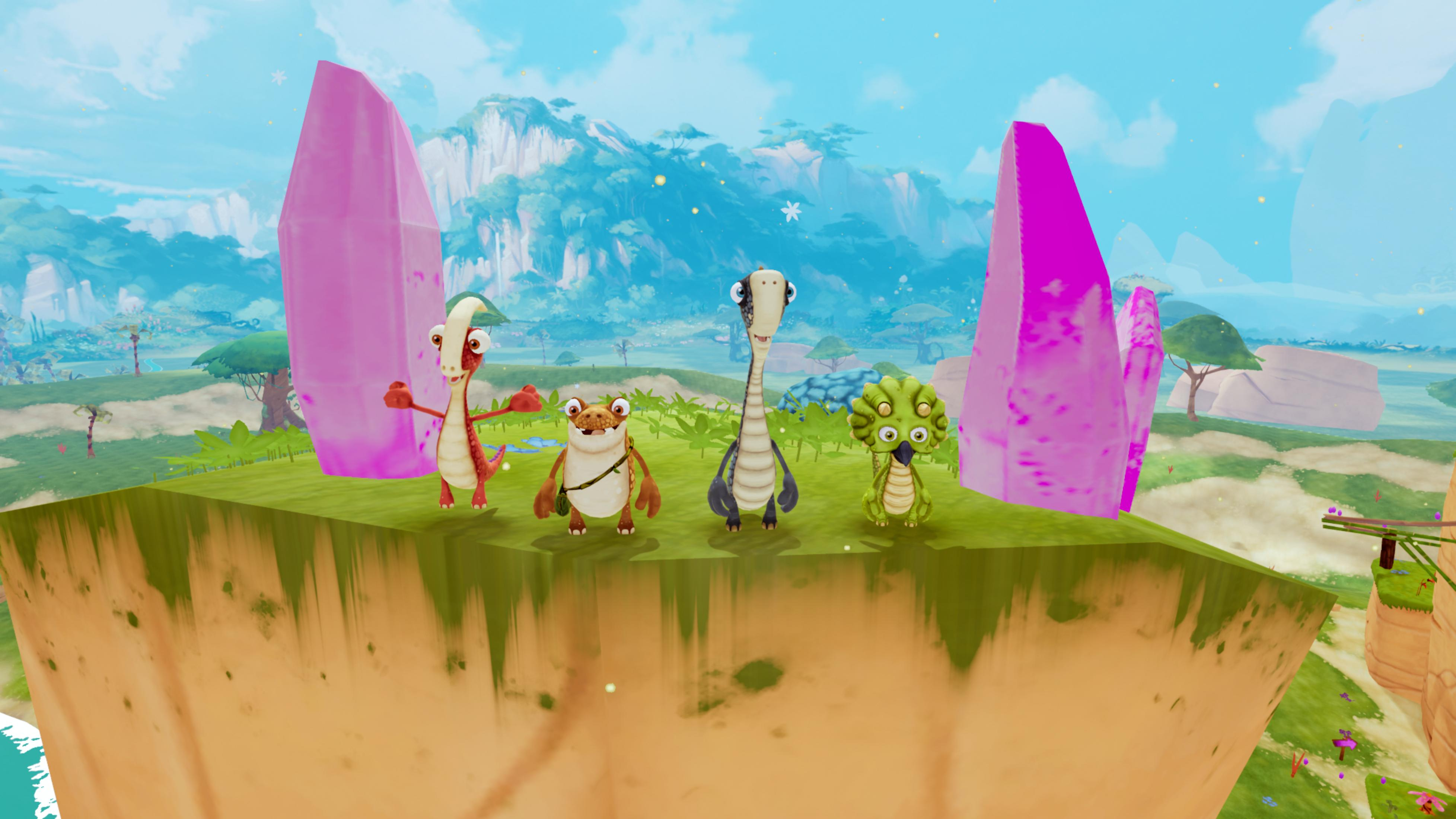 Vier Cartoon-Dinosaurier stehen auf einer Klippe mit rosa Kristallen und Bergen im Hintergrund.