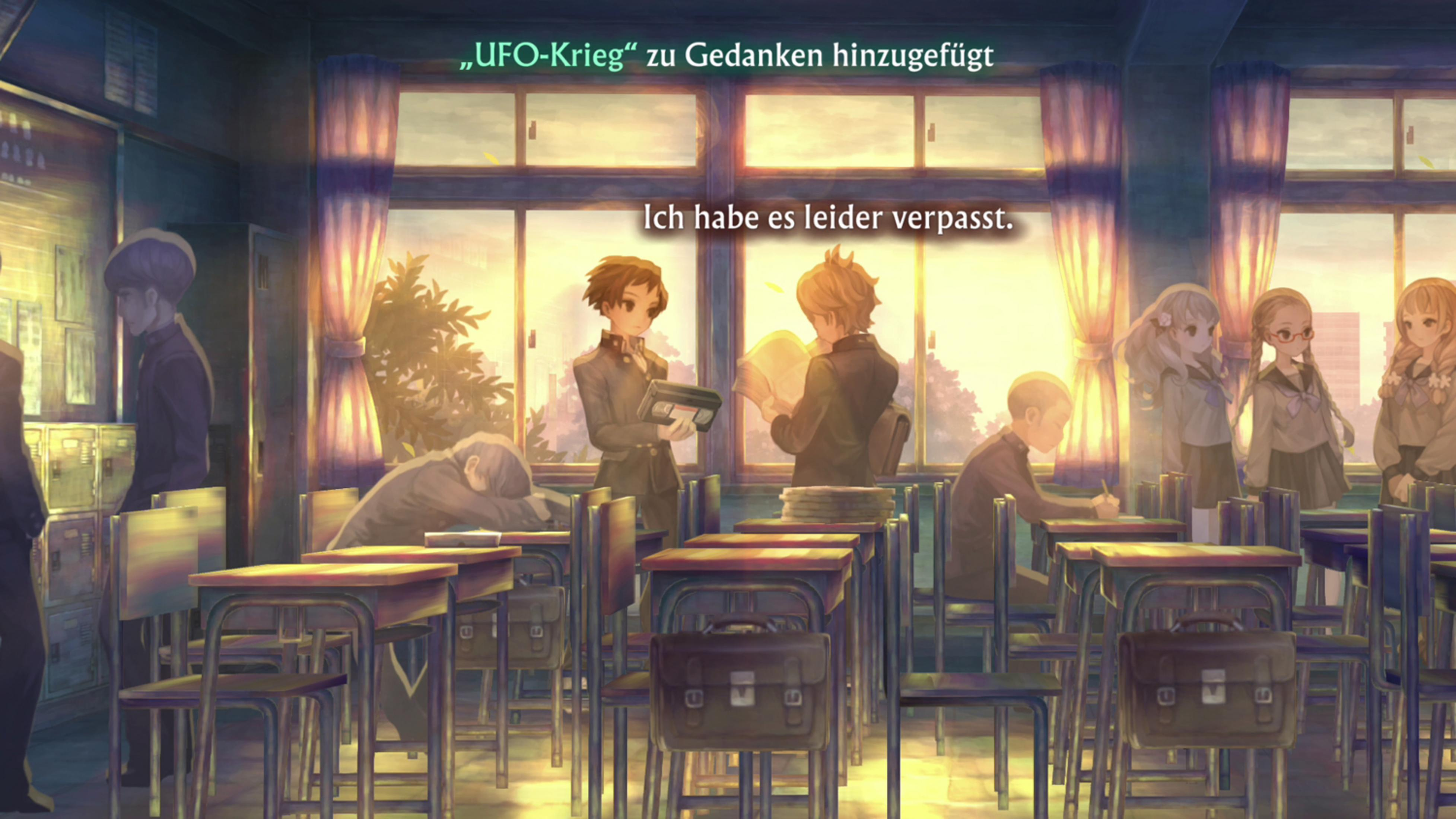 Schüler in einem Klassenzimmer mit Blick auf die Fenster bei Sonnenuntergang.