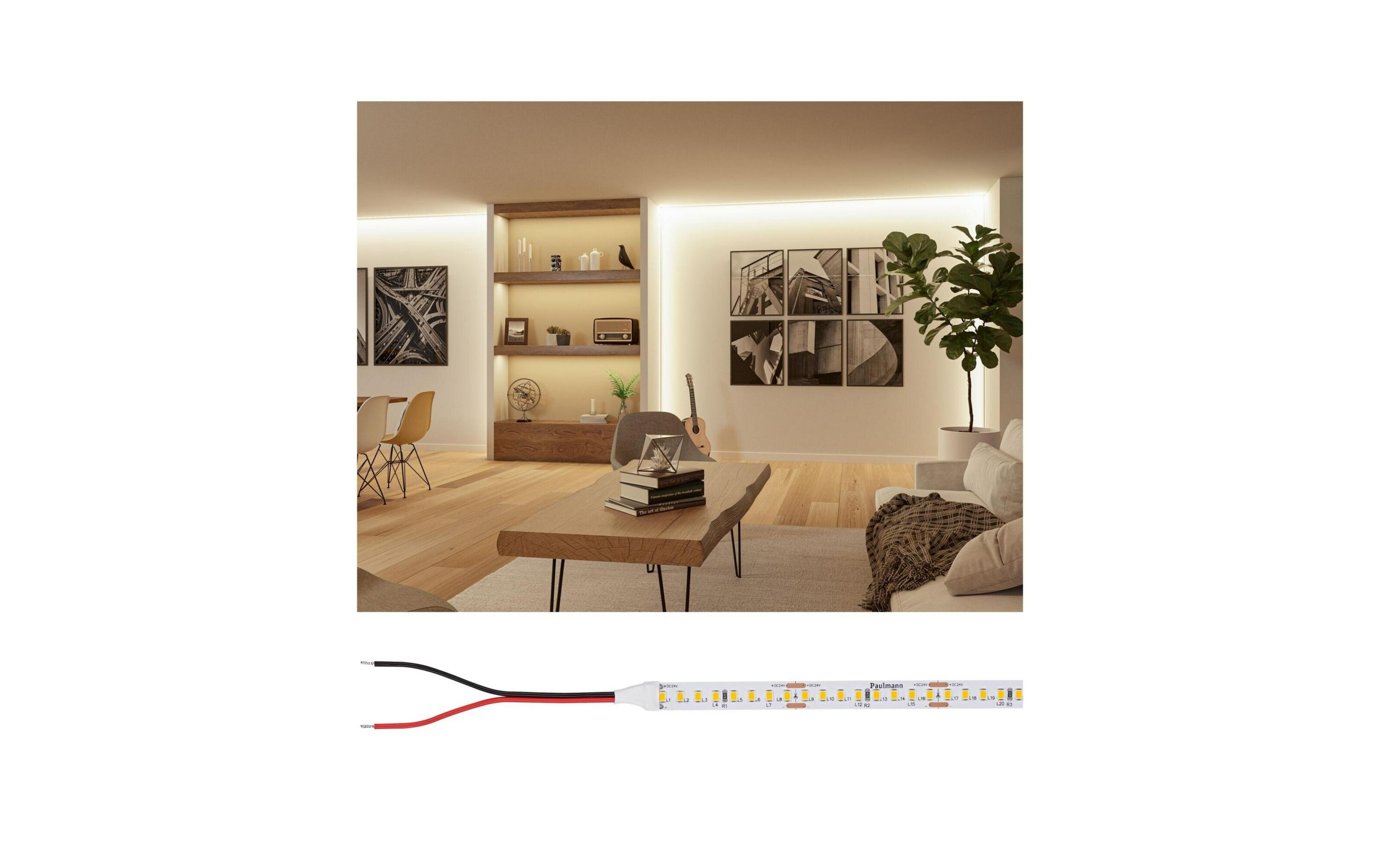 Nowoczesny salon z oświetleniem i paskiem LED.