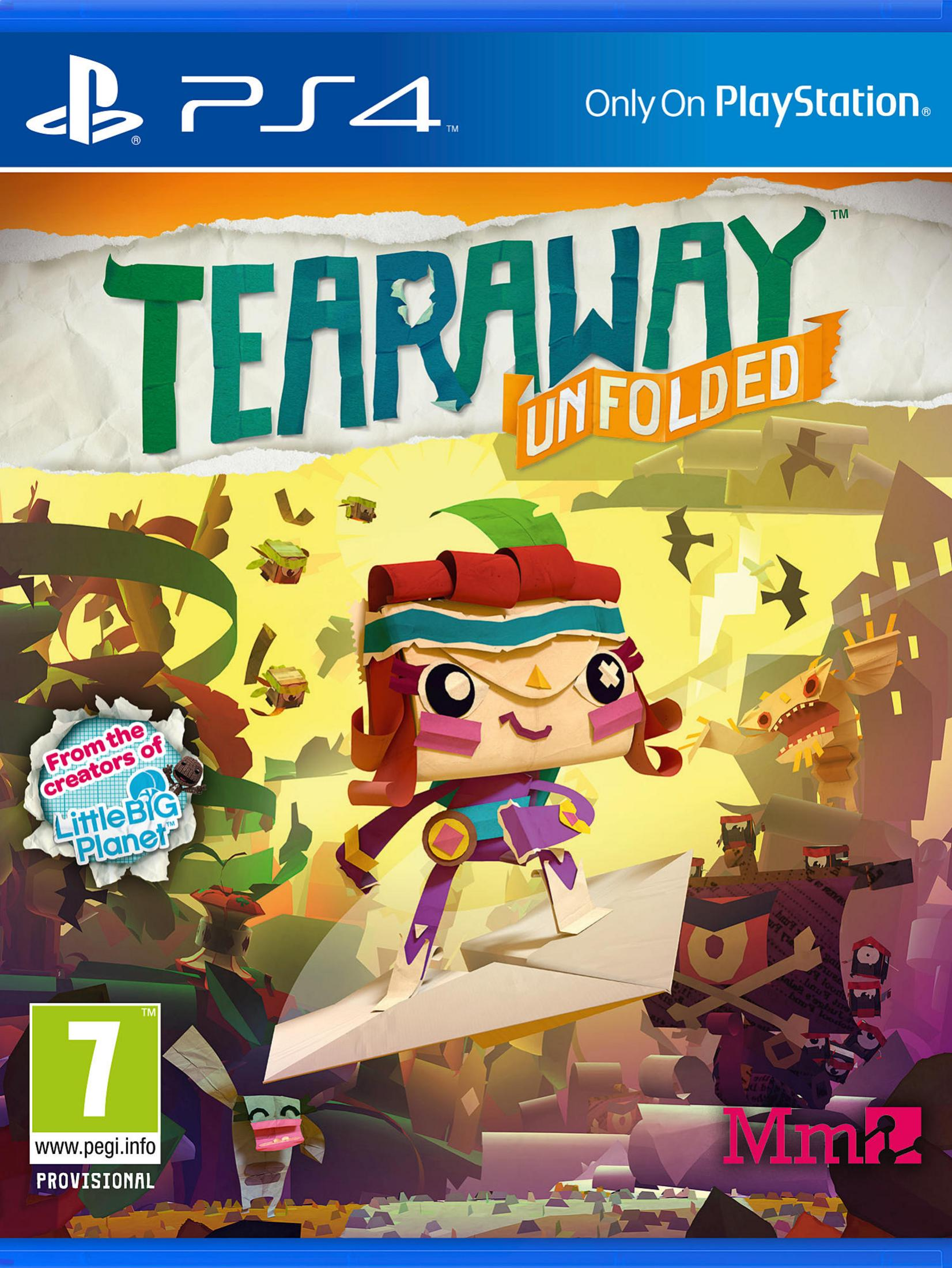 La couverture de Tearaway Unfolded pour PS4 présente un personnage en papier volant sur un avion en papier.