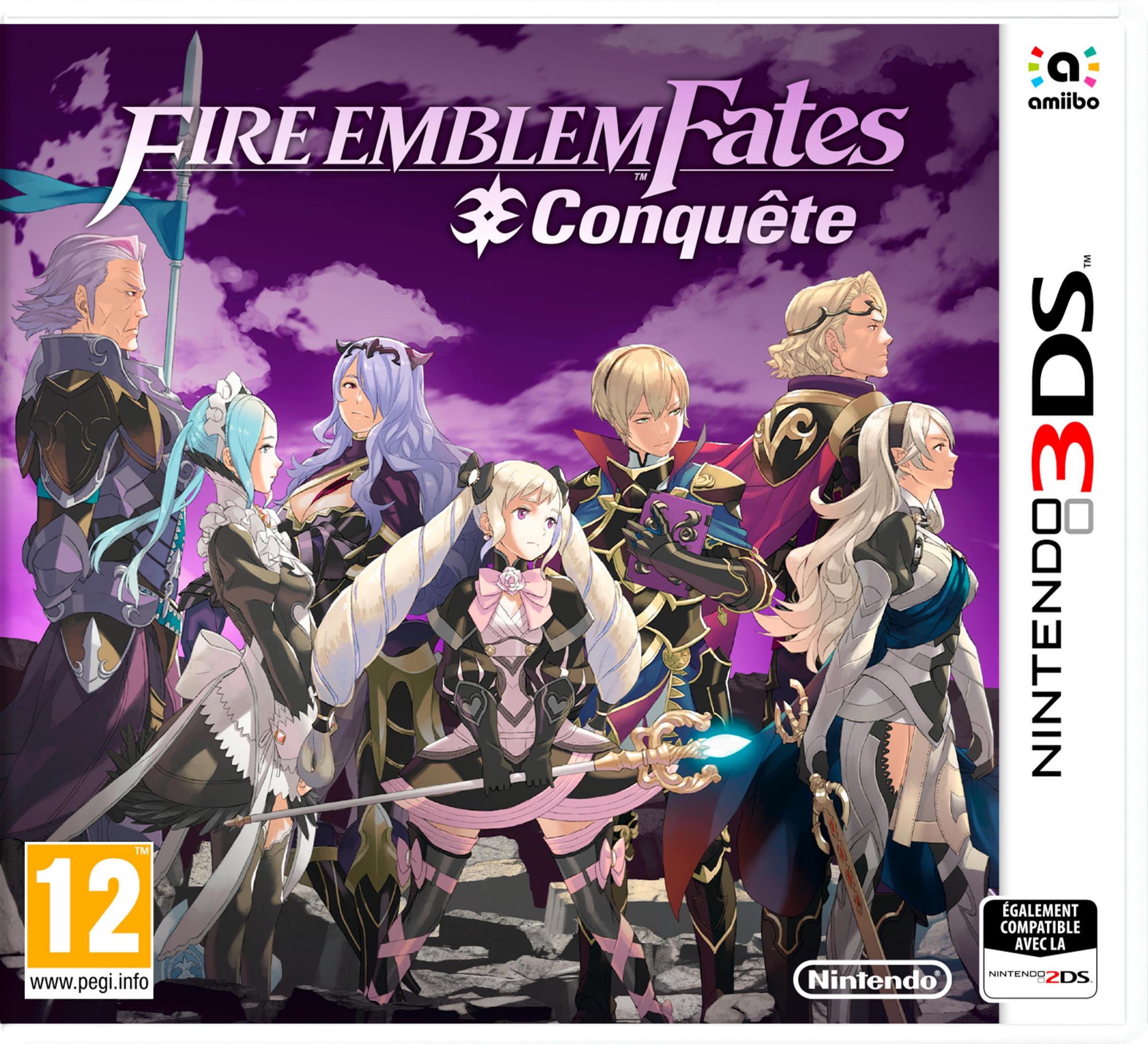 Postacie Fire Emblem na fioletowym niebie. Okładka gry 3DS.