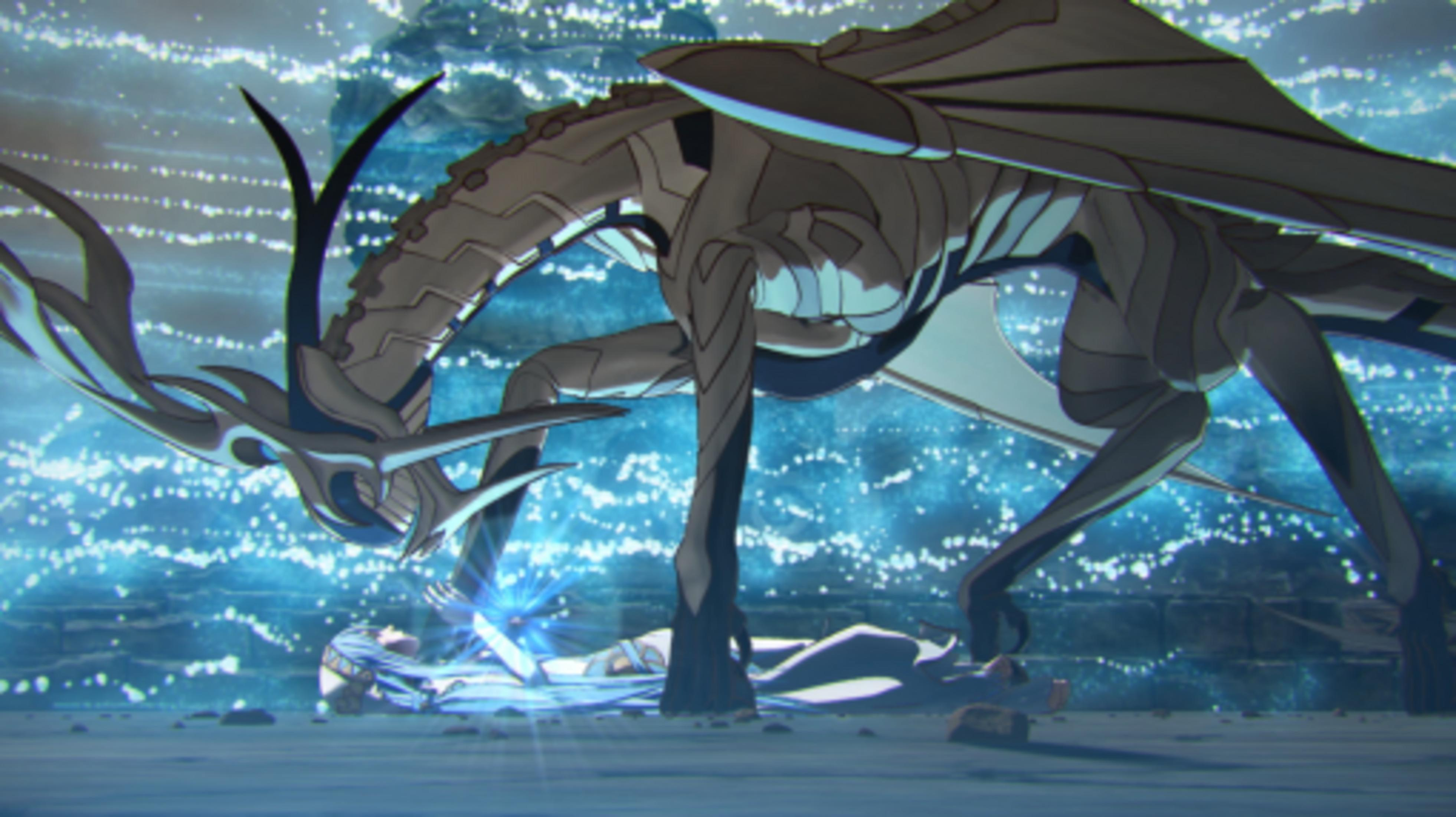 Mechaniczny smok stoi nad leżącą postacią, otoczony niebieskim światłem.