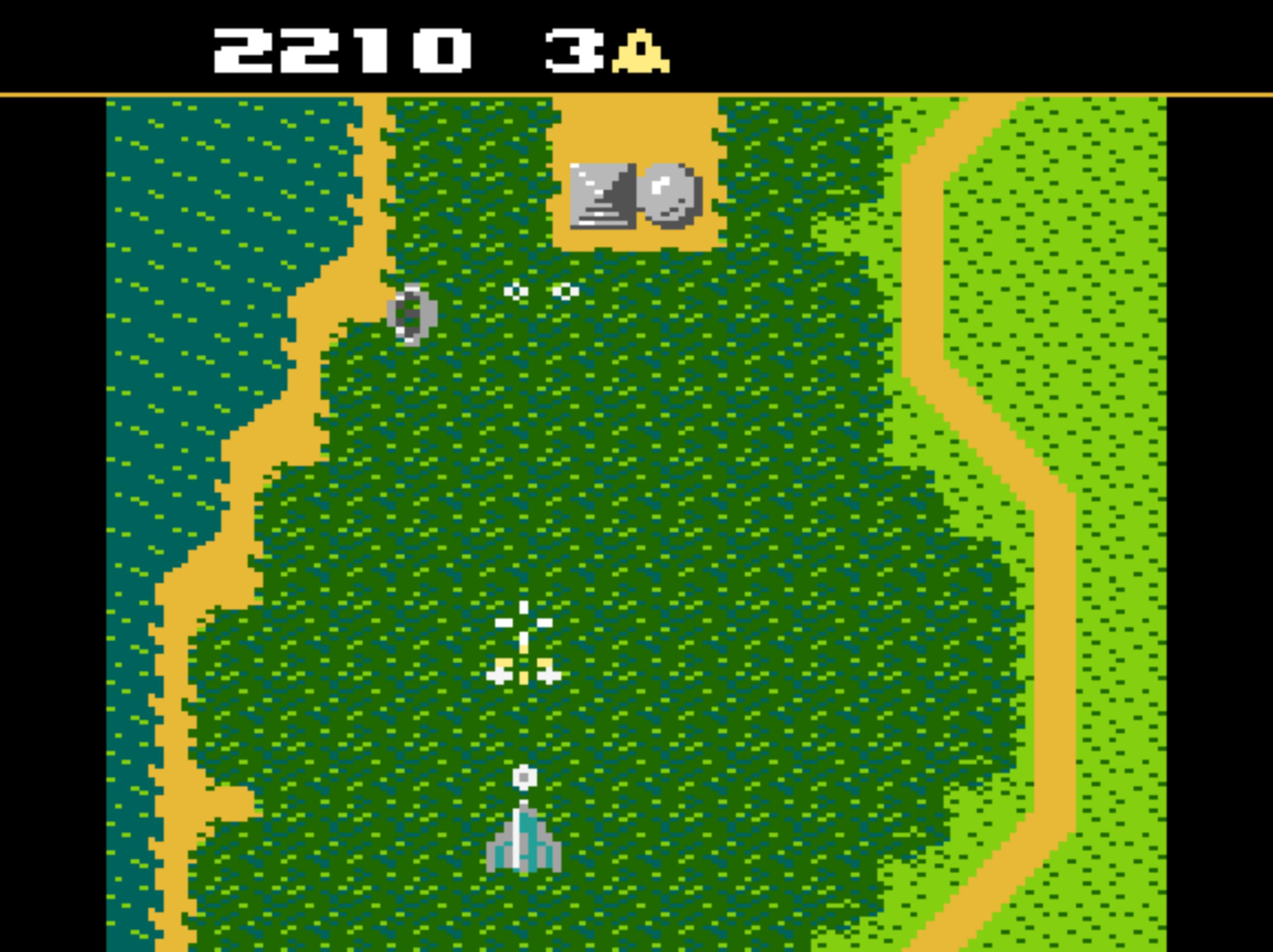 Pixel-Luftkampfspiel: Ein Raumschiff fliegt durch grüne Bäume und über gelbe Wege.