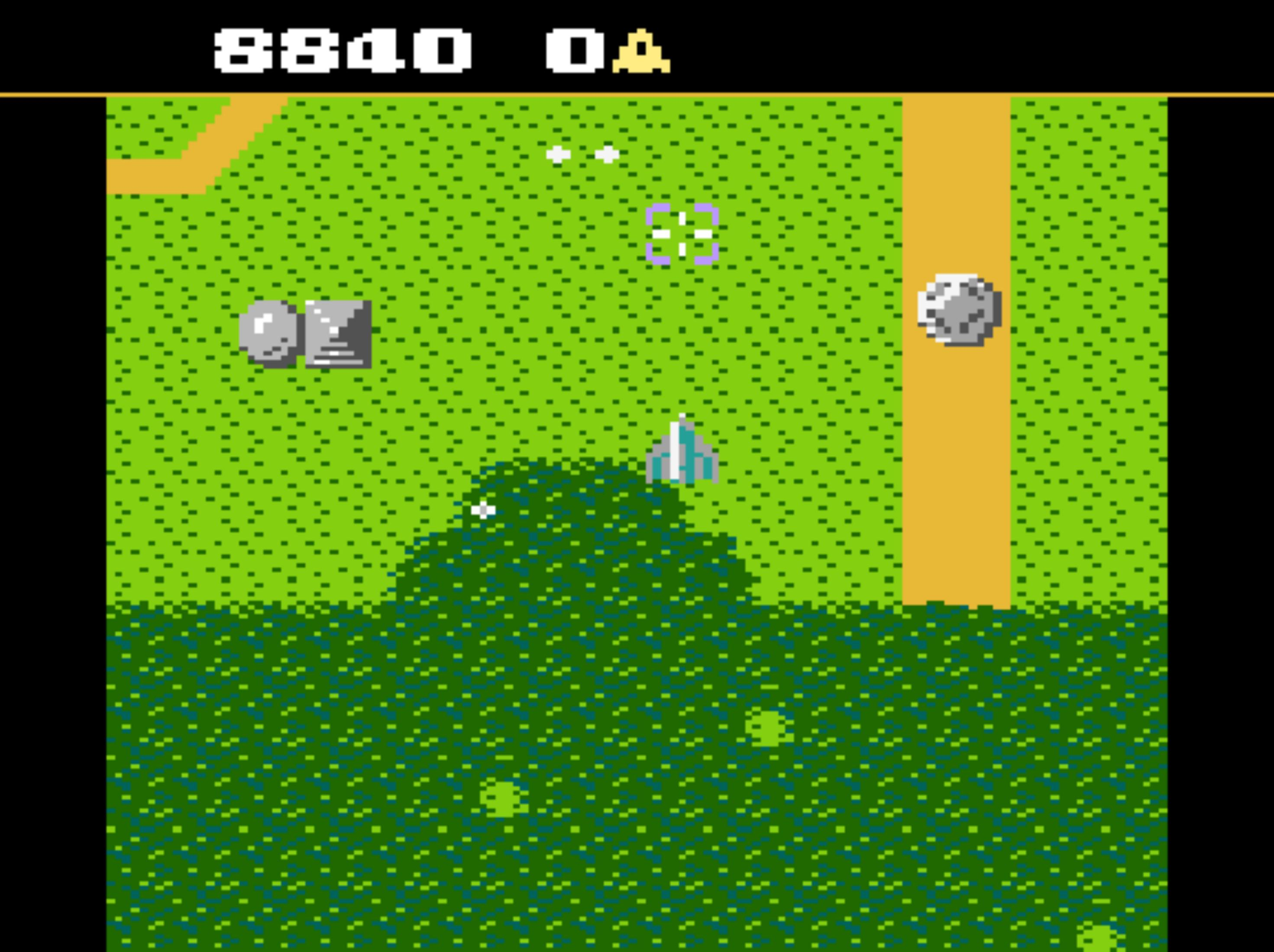 Pixel-Art-Spiel: Ein Raumschiff fliegt über grüne Hügel.