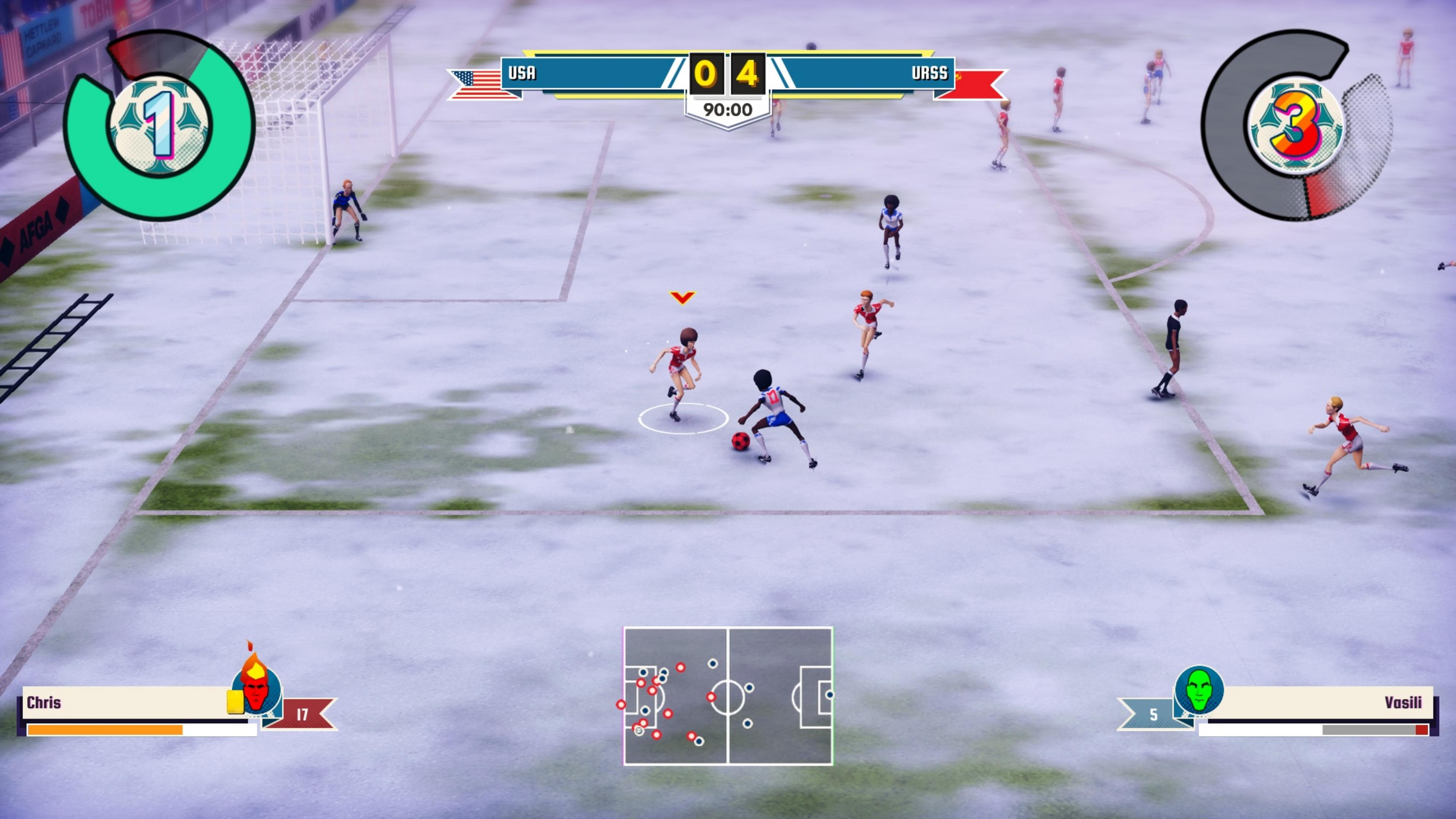 Fußballspiel auf verschneitem Feld, USA führt 4:0 gegen UdSSR. Spieler in roten und blauen Trikots.